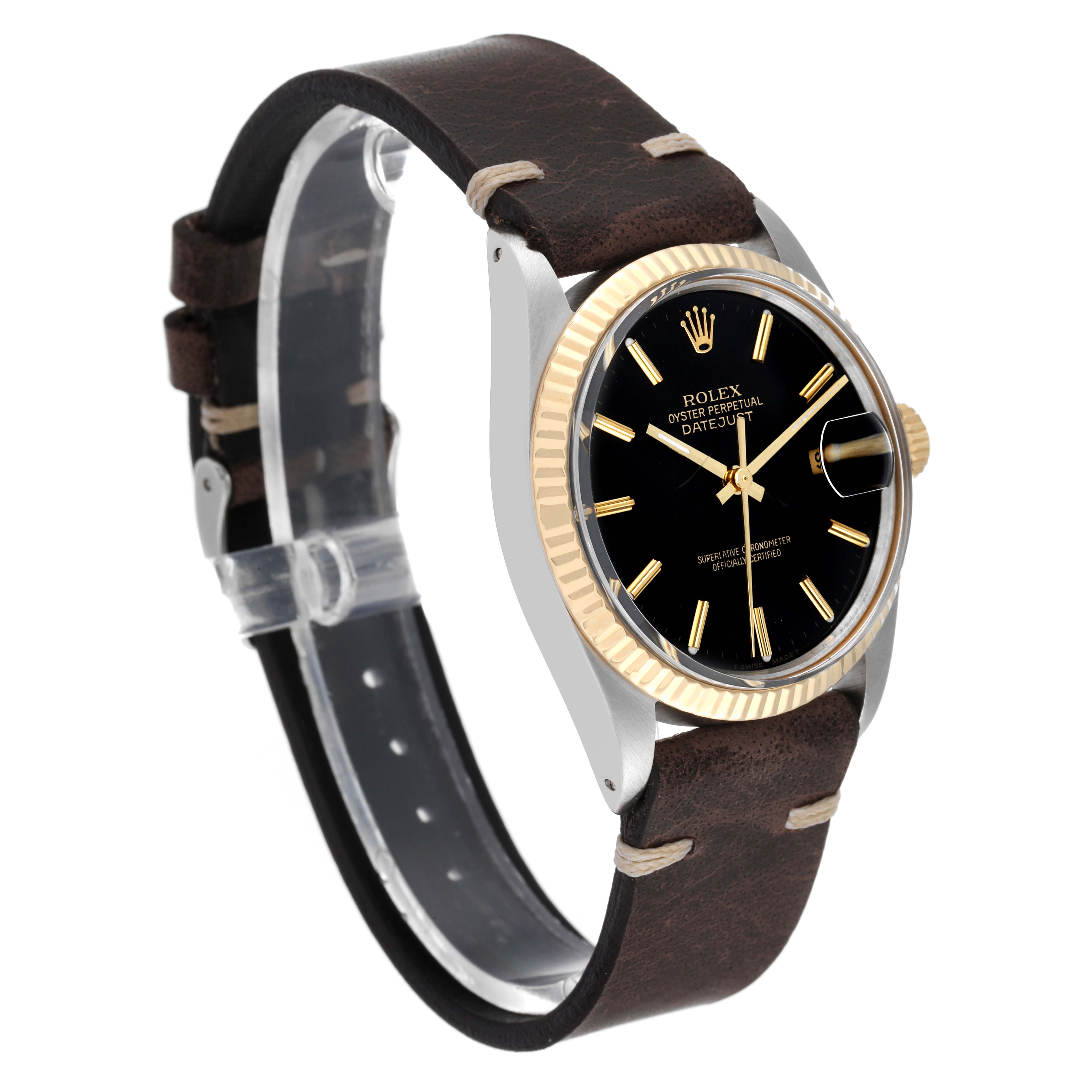 The Rolex Vintage Collection 16013 Men's Steel and Gold (two tone) Black Dial 16013 Men's Steel and Gold (two tone) Black Dial model is shown at a three-quarter angle, showcasing its black dial, gold fluted bezel, and brown leather strap.