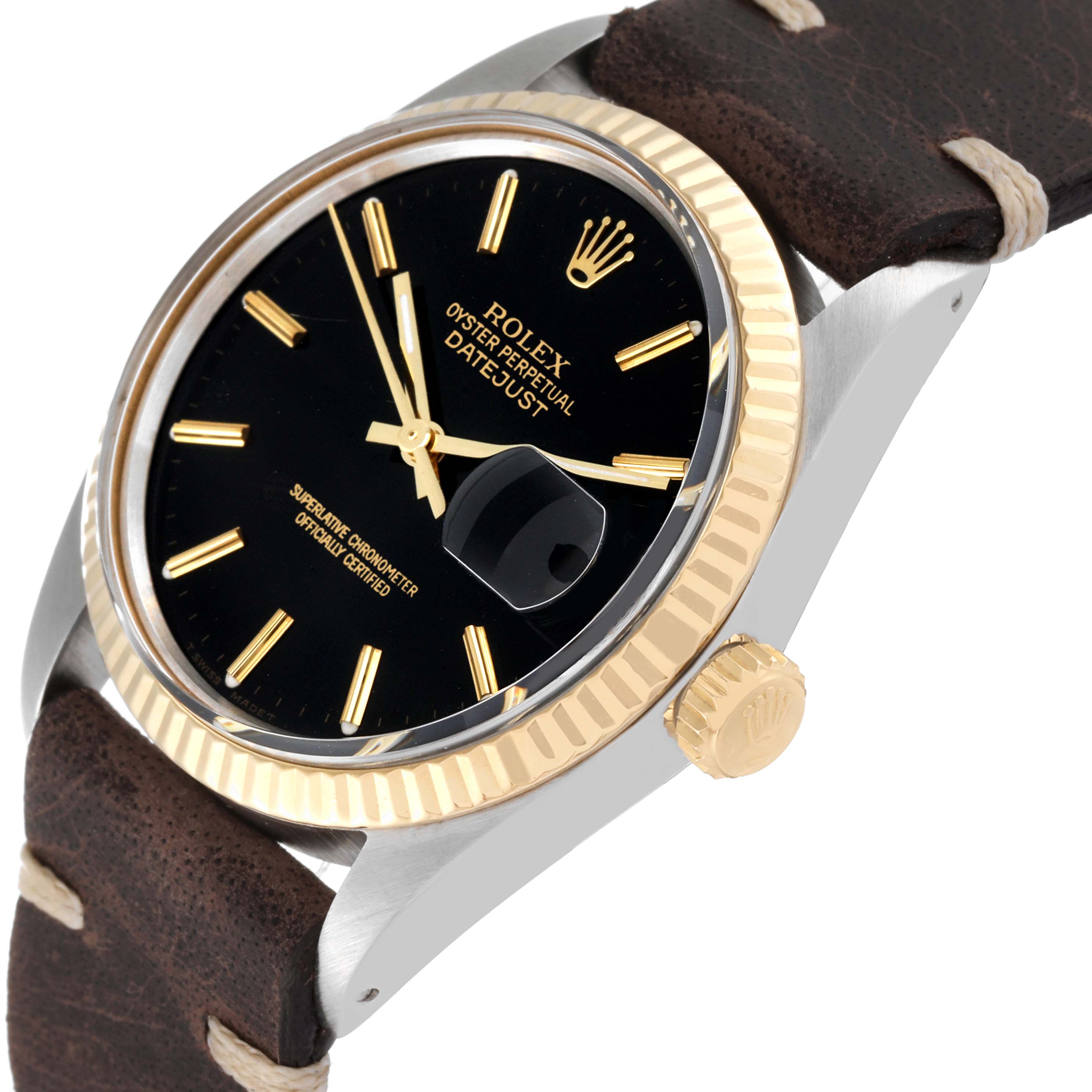 The Rolex Vintage Collection 16013 Men's Steel and Gold (two tone) Black Dial 16013 Men's Steel and Gold (two tone) Black Dial model watch is shown at an angled close-up, highlighting its black dial, gold bezel, and brown leather strap.