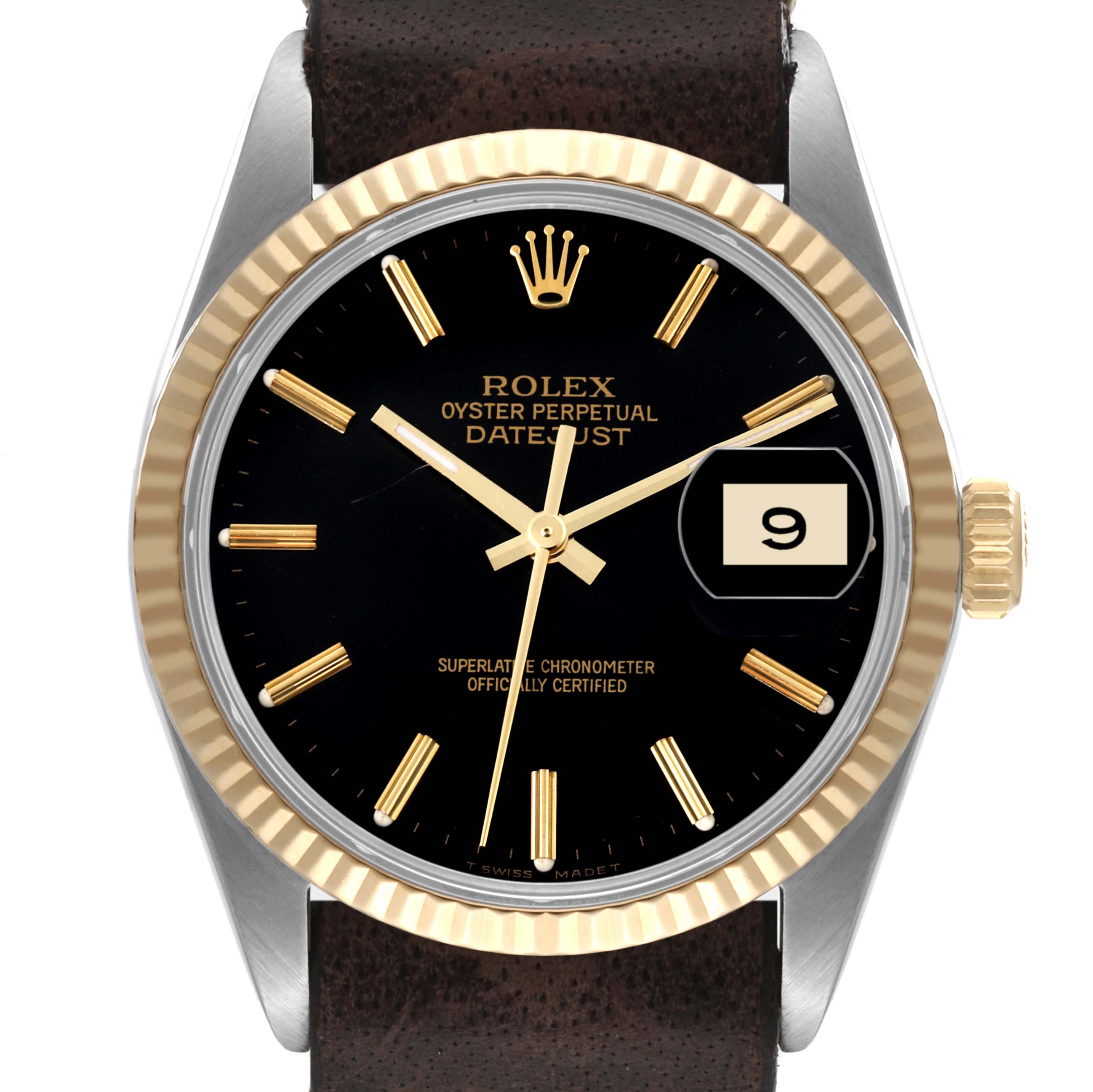 The Rolex Vintage Collection 16013 Men's Steel and Gold (two tone) Black Dial 16013 Men's Steel and Gold (two tone) Black Dial model is shown from the front, highlighting its black face, gold indices, and date window.