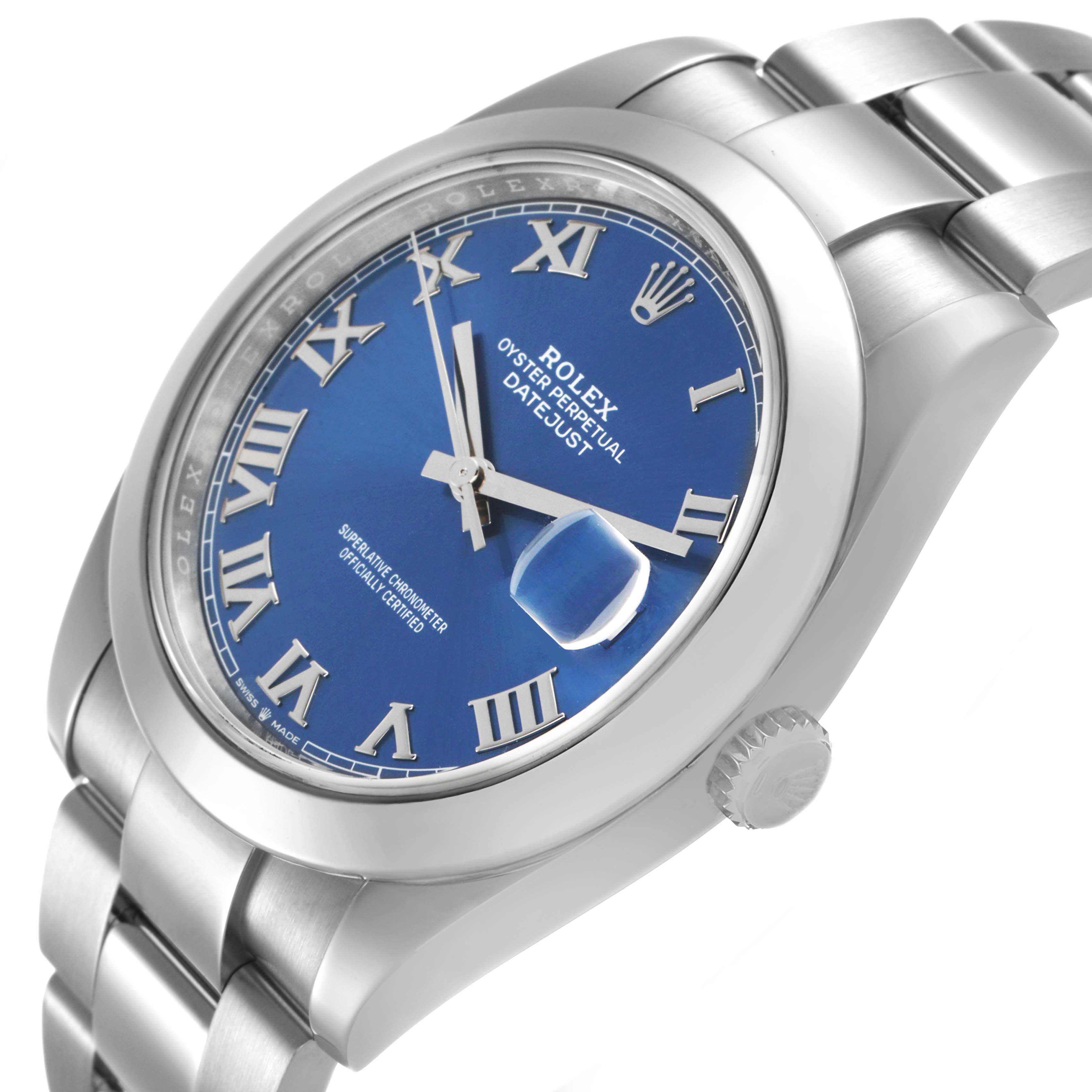 The Rolex Datejust 41 126300 Men's Stainless Steel Blue Dial is shown at a slight angle, highlighting the blue dial, bezel, crown, bracelet, and cyclops lens.