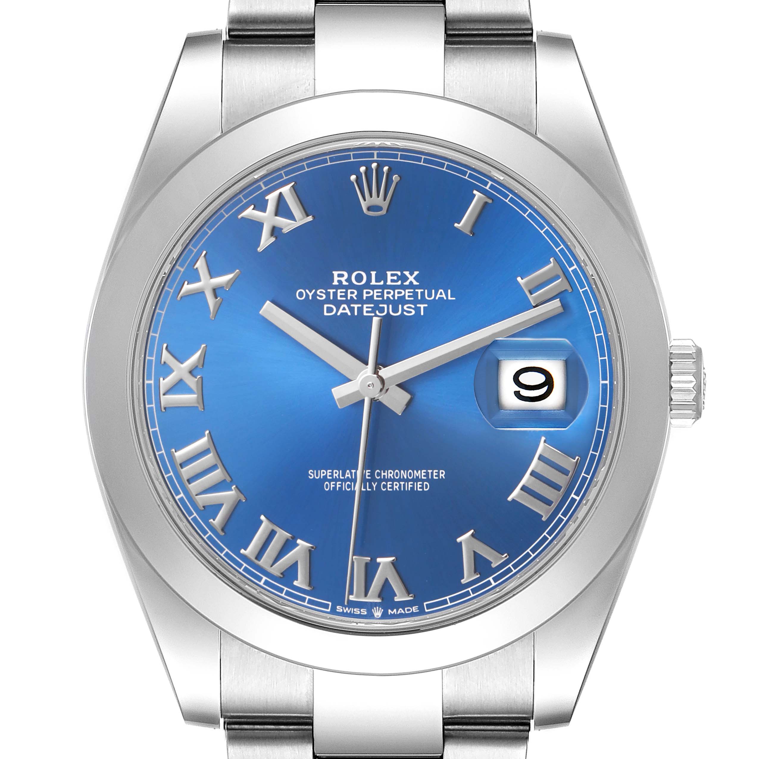 The Rolex Datejust 41 126300 Men's Stainless Steel Blue Dial is shown from a front angle, highlighting the blue dial, silver Roman numerals, hands, and date window.