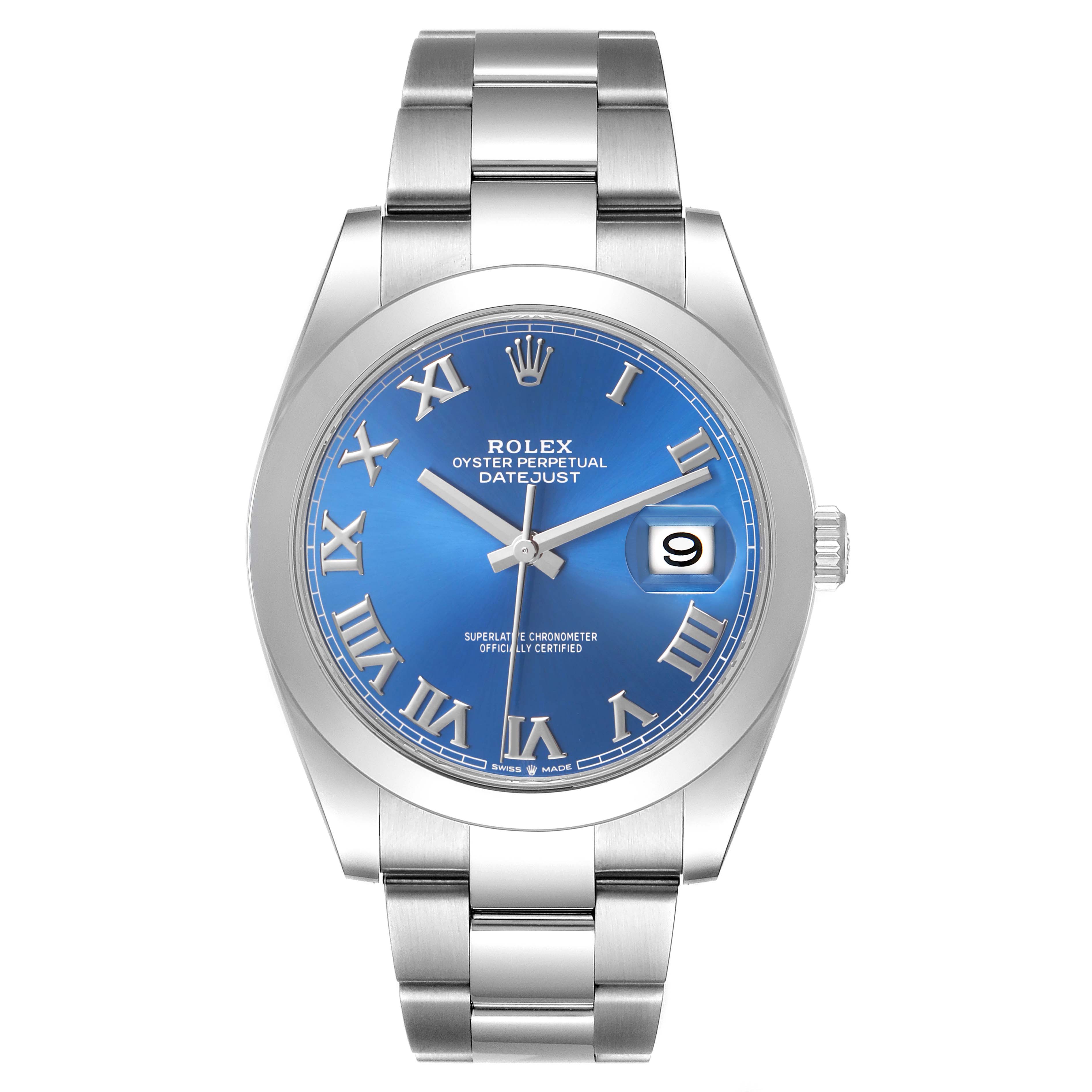 The Rolex Datejust 41 126300 Men's Stainless Steel Blue Dial is shown from the front, highlighting its blue dial, Roman numerals, bracelet, and date window.