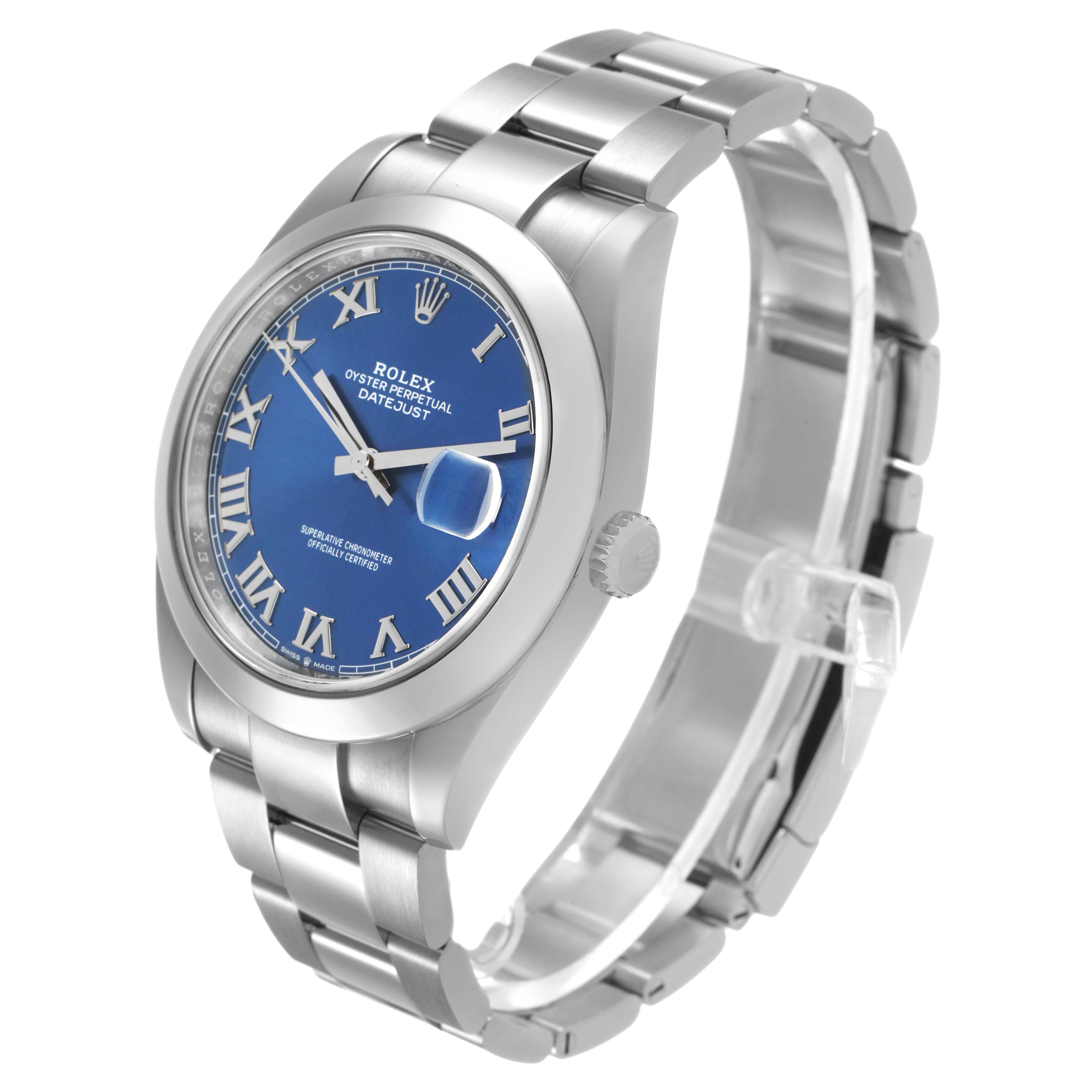 The Rolex Datejust 41 126300 Men's Stainless Steel Blue Dial is shown at a three-quarter angle, displaying its blue dial, Roman numerals, and stainless steel bracelet.
