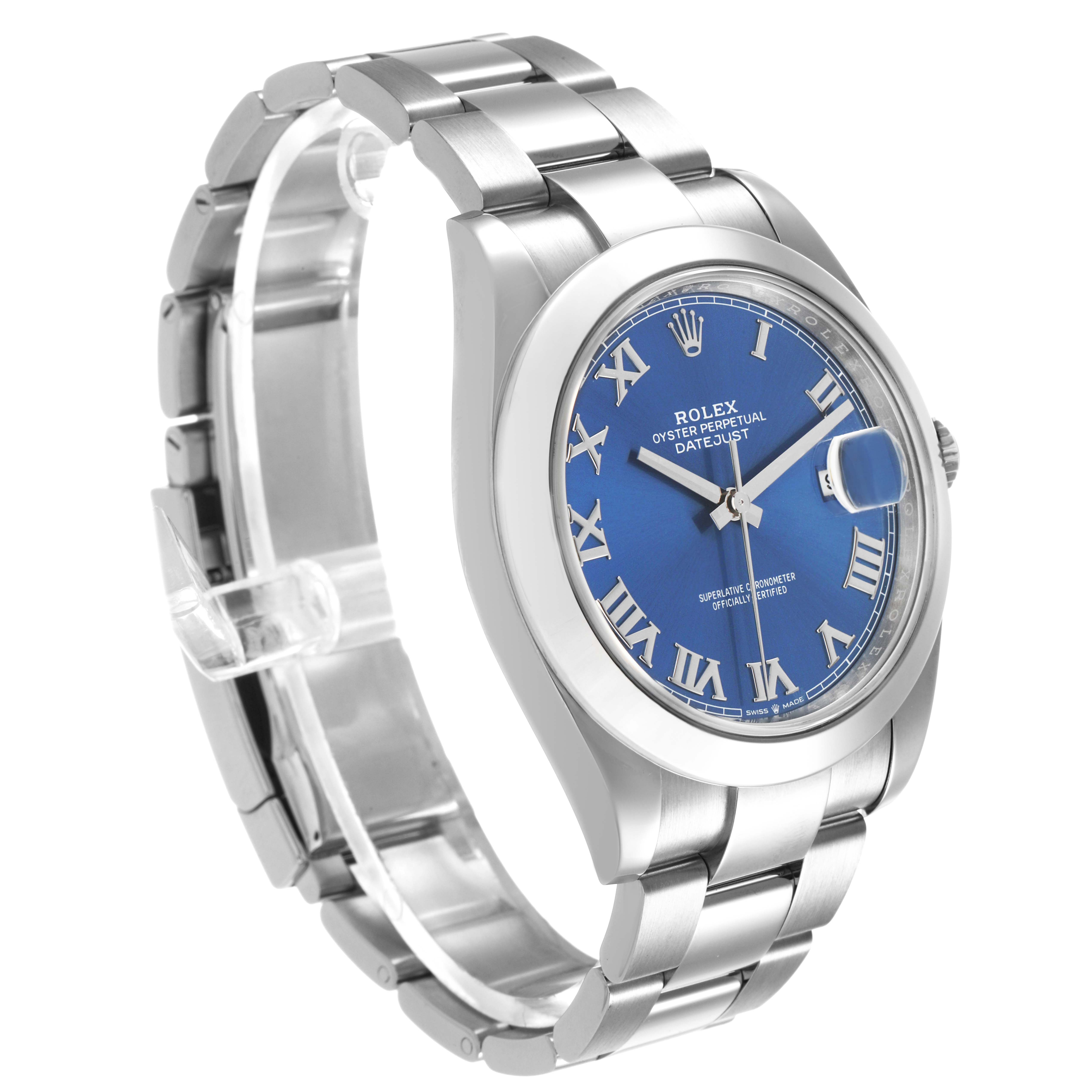 The Rolex Datejust 41 126300 Men's Stainless Steel Blue Dial watch is shown at a three-quarter angle, highlighting the bracelet, blue dial, and casing.