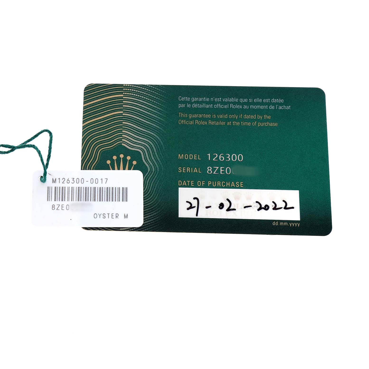 The image shows a warranty card and tag for a Rolex Datejust 41 126300 Men's Stainless Steel Blue Dial model.