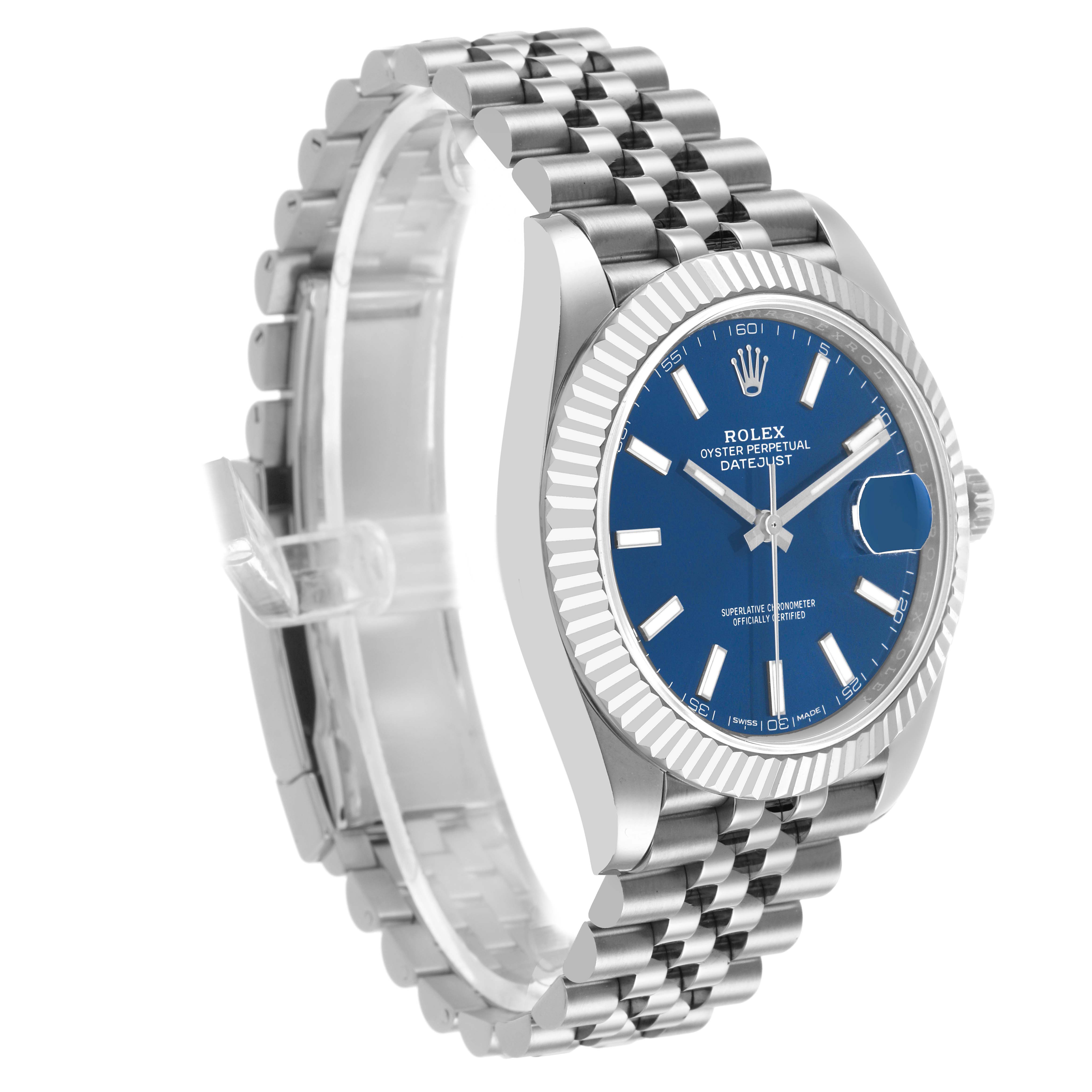 The Rolex Datejust 41 126334 Men's White Gold Black Dial is shown at a three-quarter angle, highlighting the blue dial, fluted bezel, and Jubilee bracelet.