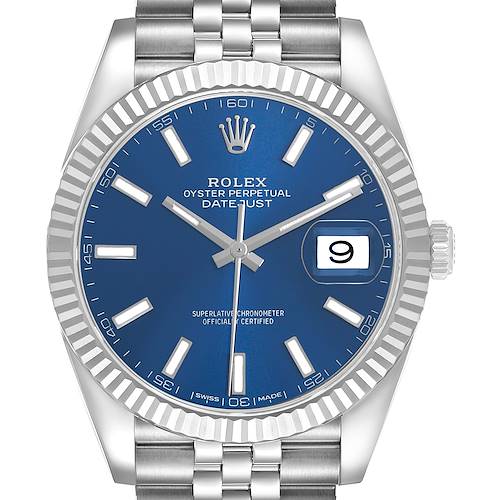 The Rolex Datejust 41 126334 Men's White Gold Black Dial is shown from a frontal angle, highlighting the blue dial, fluted bezel, and jubilee bracelet.