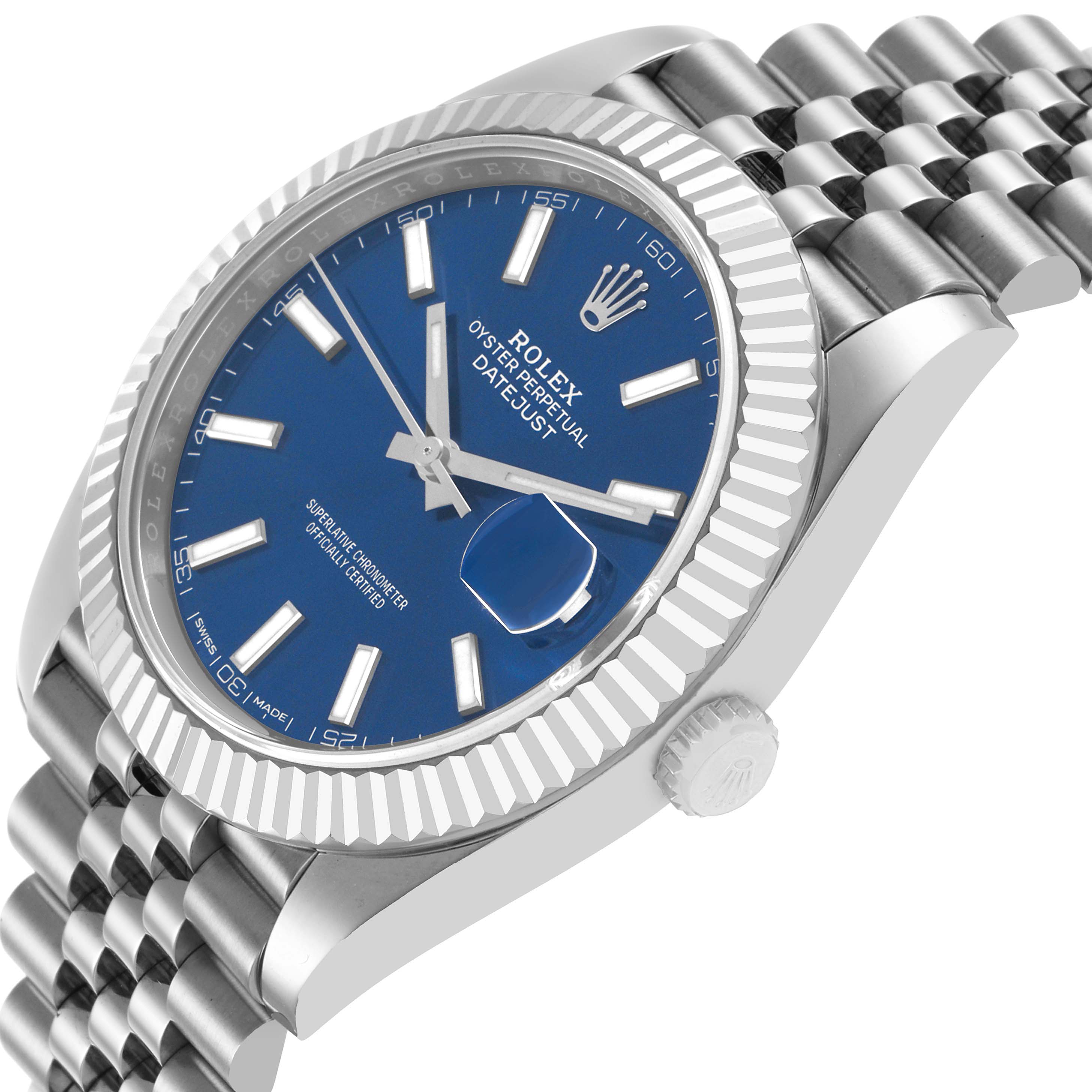 The Rolex Datejust 41 126334 Men's White Gold Black Dial watch is shown at an angled side view, highlighting its blue dial, fluted bezel, and Jubilee bracelet.