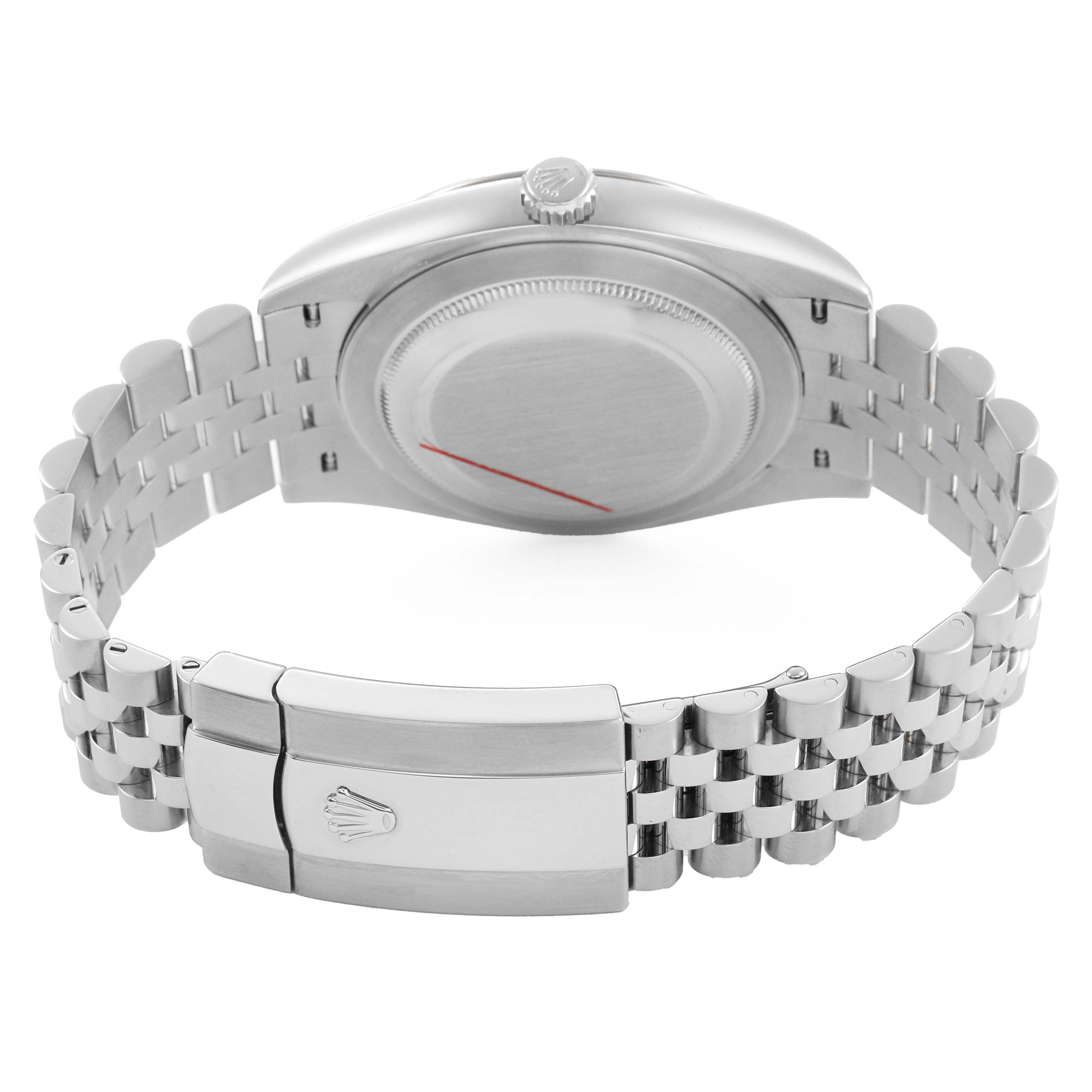 The image shows the back view of the Rolex Datejust 41 126334 Men's White Gold Black Dial, highlighting the case back and bracelet clasp.