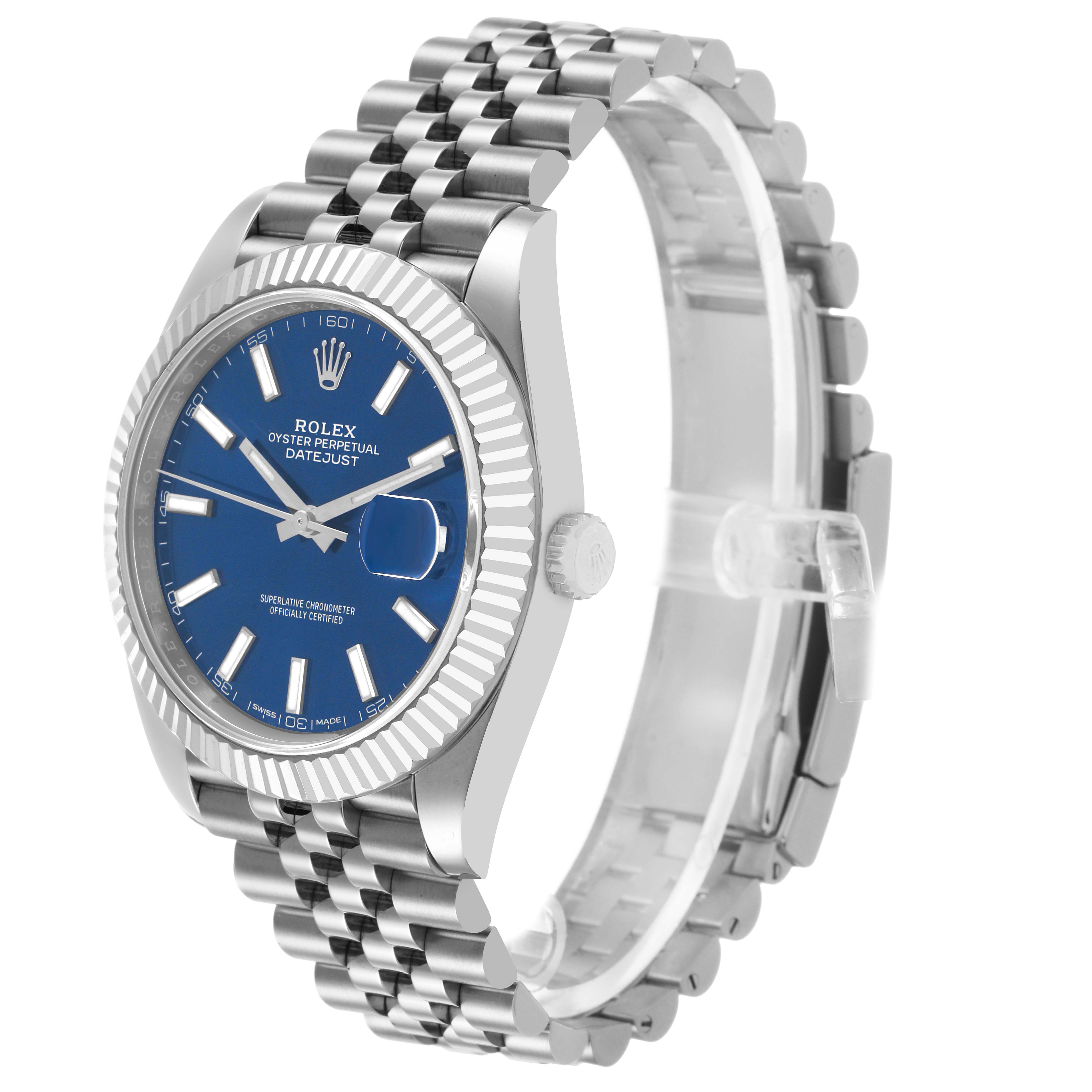 The Rolex Datejust 41 126334 Men's White Gold Black Dial watch is shown at a side angle, displaying its blue dial, fluted bezel, and Jubilee bracelet.