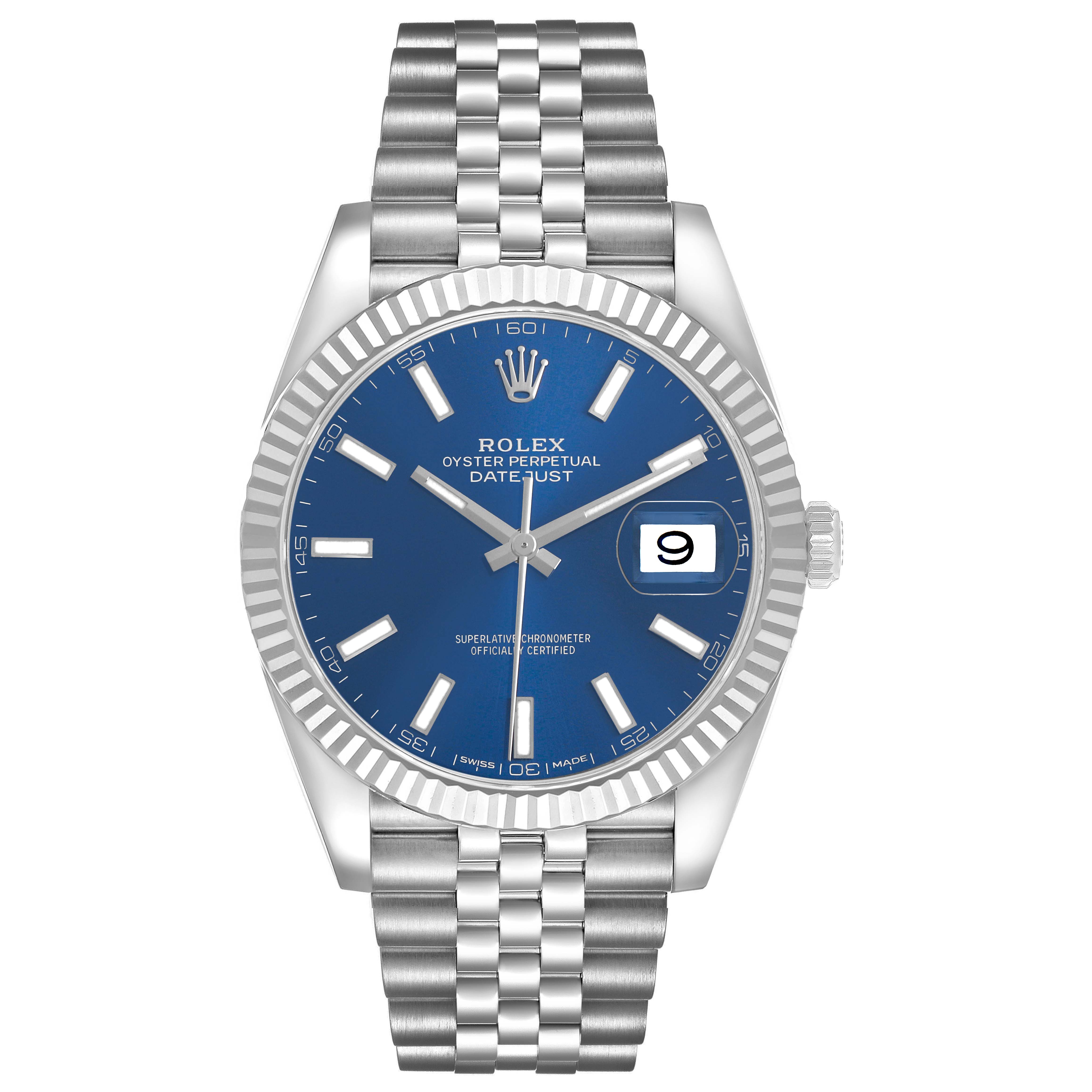 The Rolex Datejust 41 126334 Men's White Gold Black Dial watch is shown from the front, highlighting its blue dial, date window, and Jubilee bracelet.