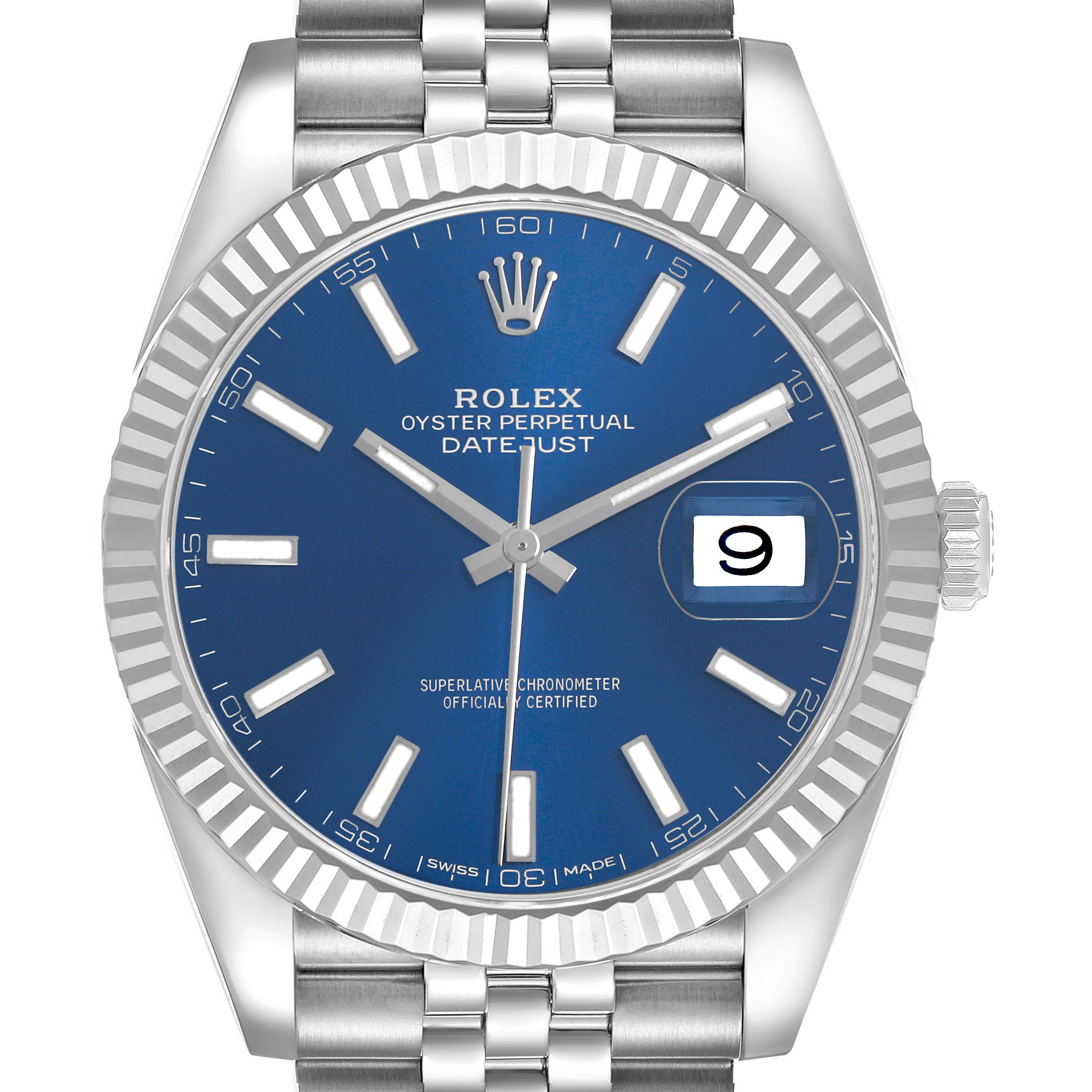 The Rolex Datejust 41 126334 Men's White Gold Black Dial watch is shown from a front angle, highlighting the blue dial, fluted bezel, and Jubilee bracelet.