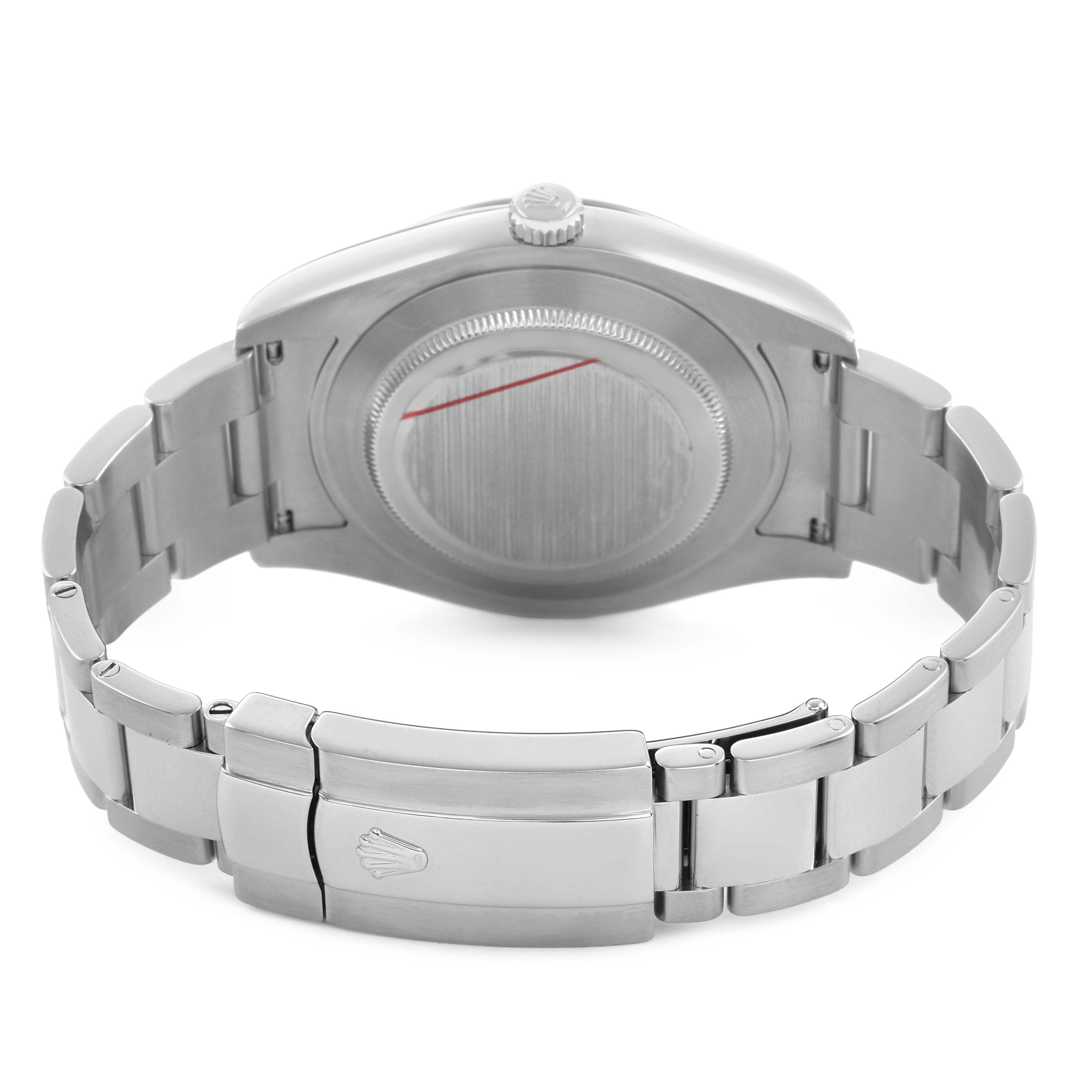 The image shows a rear view of the Rolex Datejust 41 116334 Men's Stainless Steel Blue Dial, highlighting the closed clasp and case back.