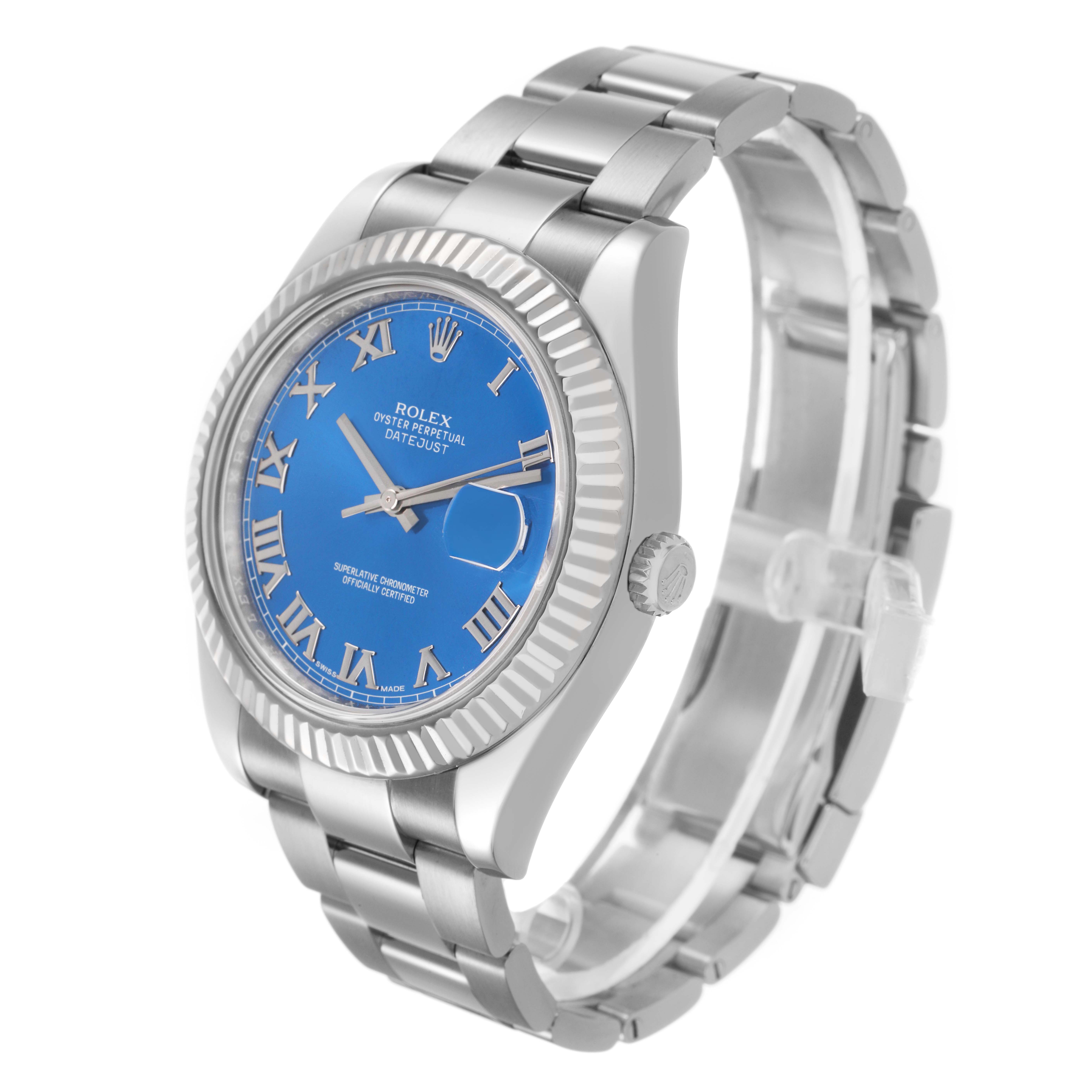 The Rolex Datejust 41 116334 Men's Stainless Steel Blue Dial is shown at a slight side angle, highlighting the blue dial, fluted bezel, and stainless steel bracelet.