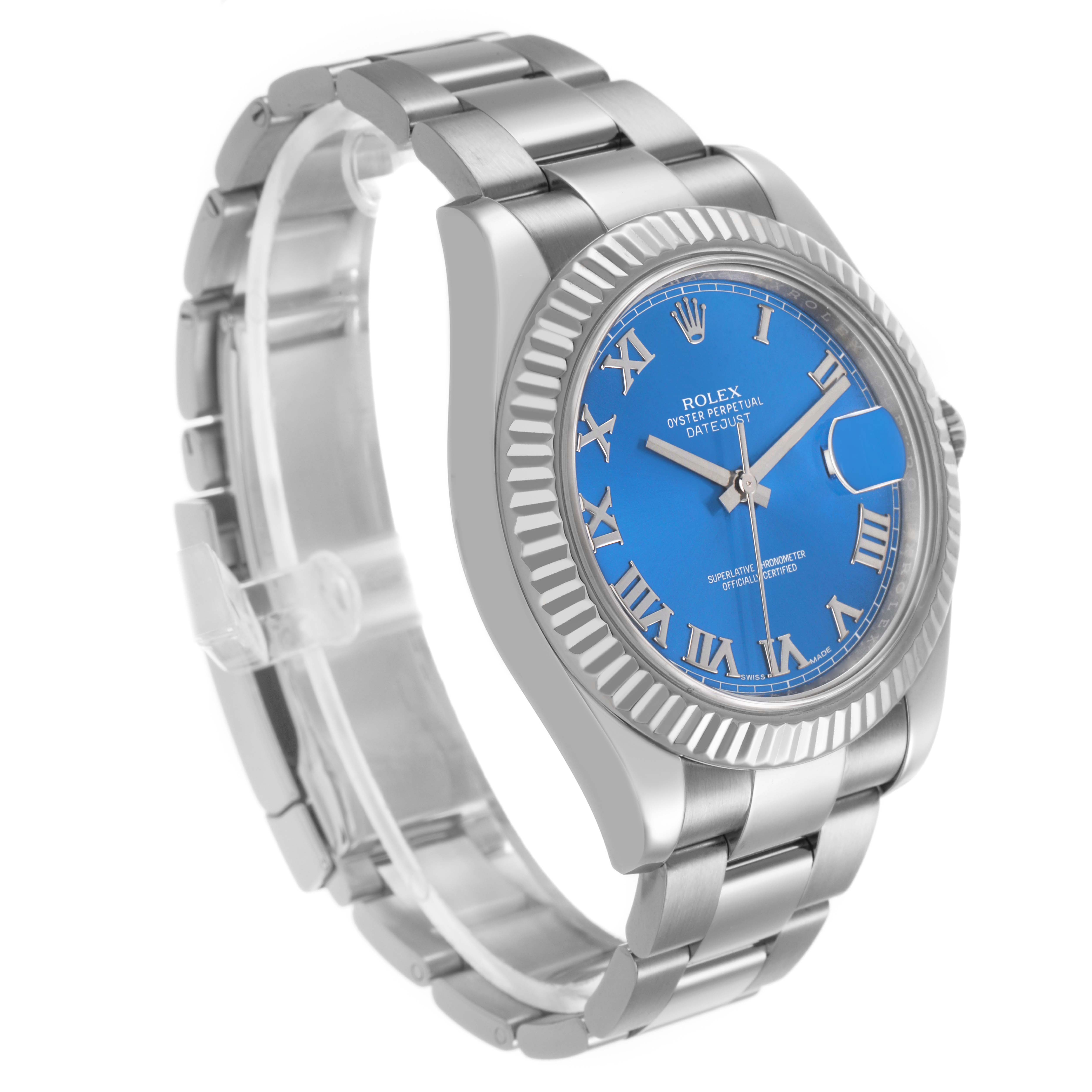The Rolex Datejust 41 116334 Men's Stainless Steel Blue Dial is shown at a three-quarter angle, highlighting the blue dial, fluted bezel, and oyster bracelet.