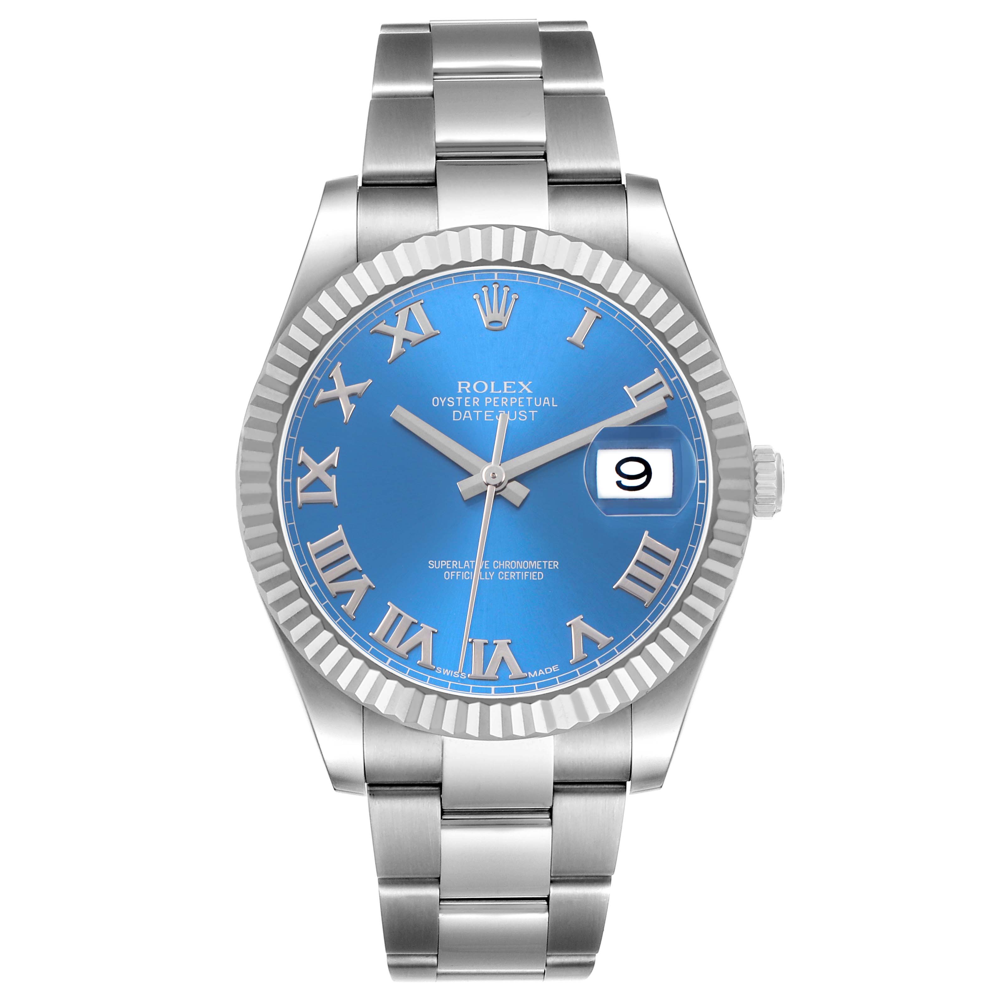 The Rolex Datejust 41 116334 Men's Stainless Steel Blue Dial is shown from a front angle, featuring the blue dial, Roman numerals, fluted bezel, and Jubilee bracelet.