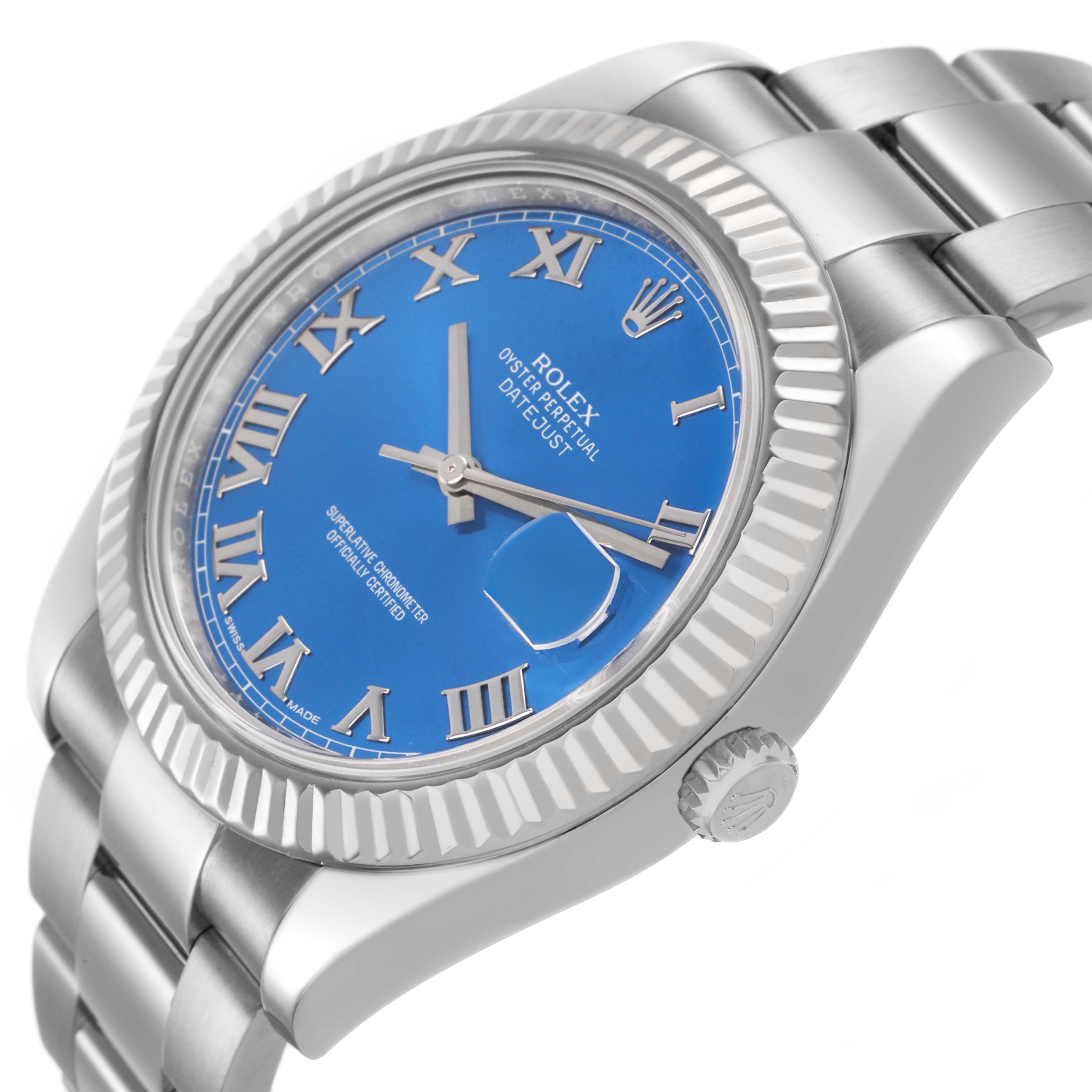 The Rolex Datejust 41 116334 Men's Stainless Steel Blue Dial is shown at a slight angle, highlighting the blue dial, Roman numerals, fluted bezel, and part of the bracelet.