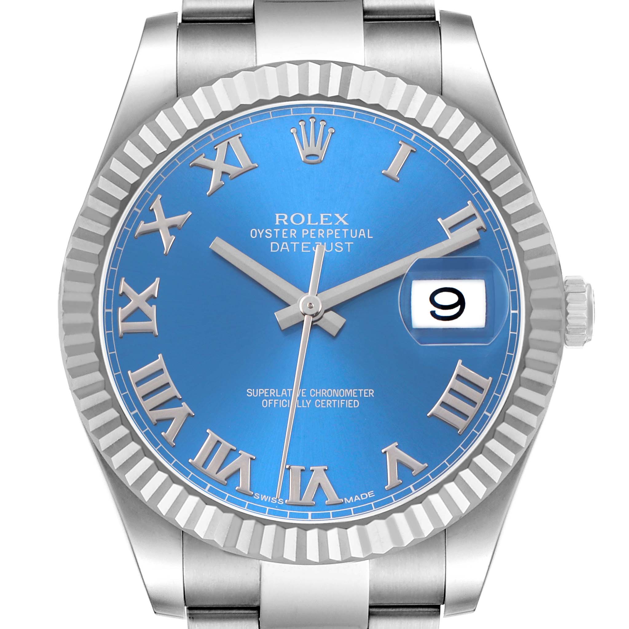 The Rolex Datejust 41 116334 Men's Stainless Steel Blue Dial watch is shown from a front view, highlighting its blue dial, fluted bezel, and date window.