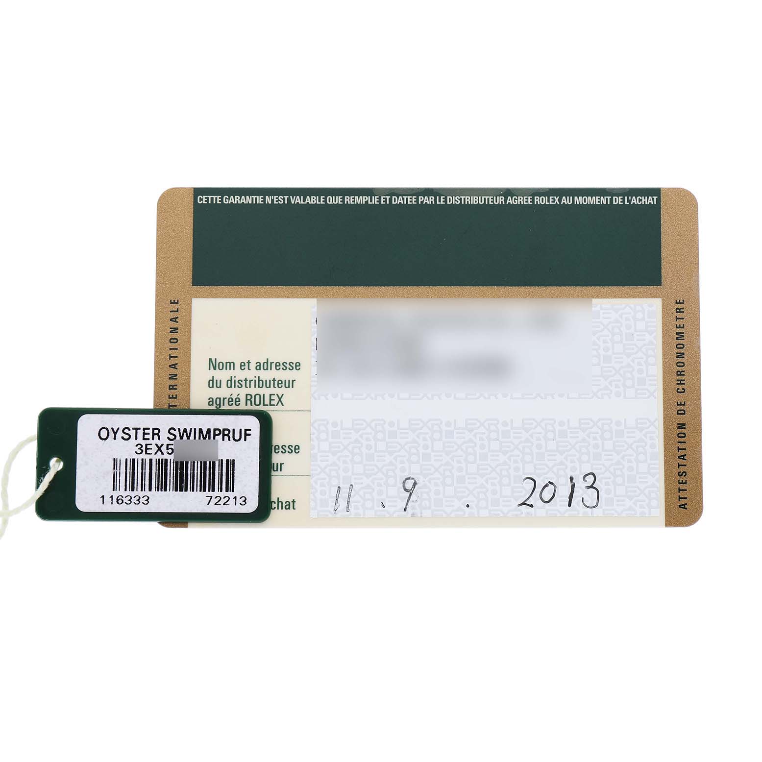 The image shows a warranty card and tag for a Rolex Datejust 41 116333 Men's Steel and Gold (two tone) Black Dial watch, viewed from above.