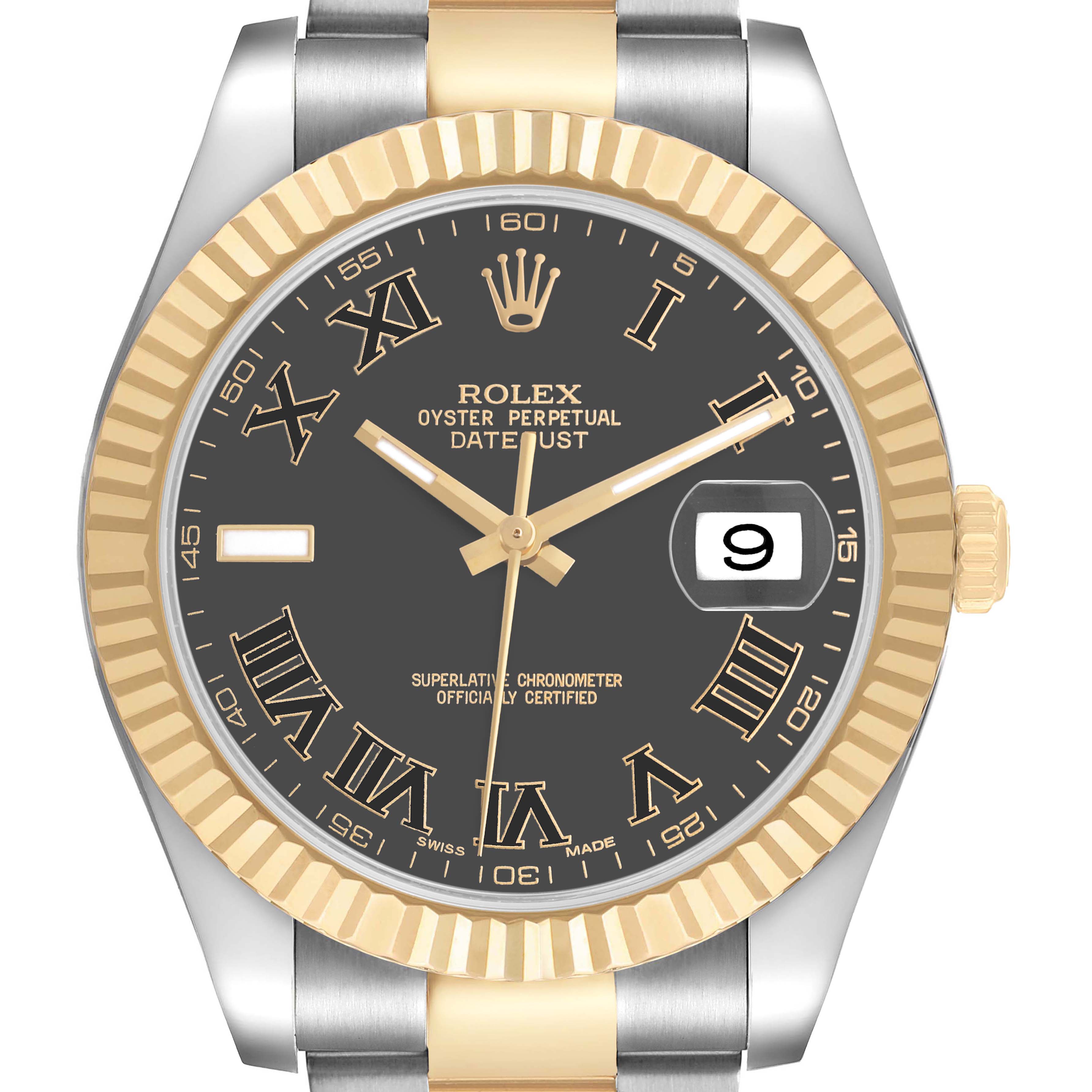 The Rolex Datejust 41 116333 Men's Steel and Gold (two tone) Black Dial watch is shown from the front, highlighting its bezel, dial, hands, and date feature.