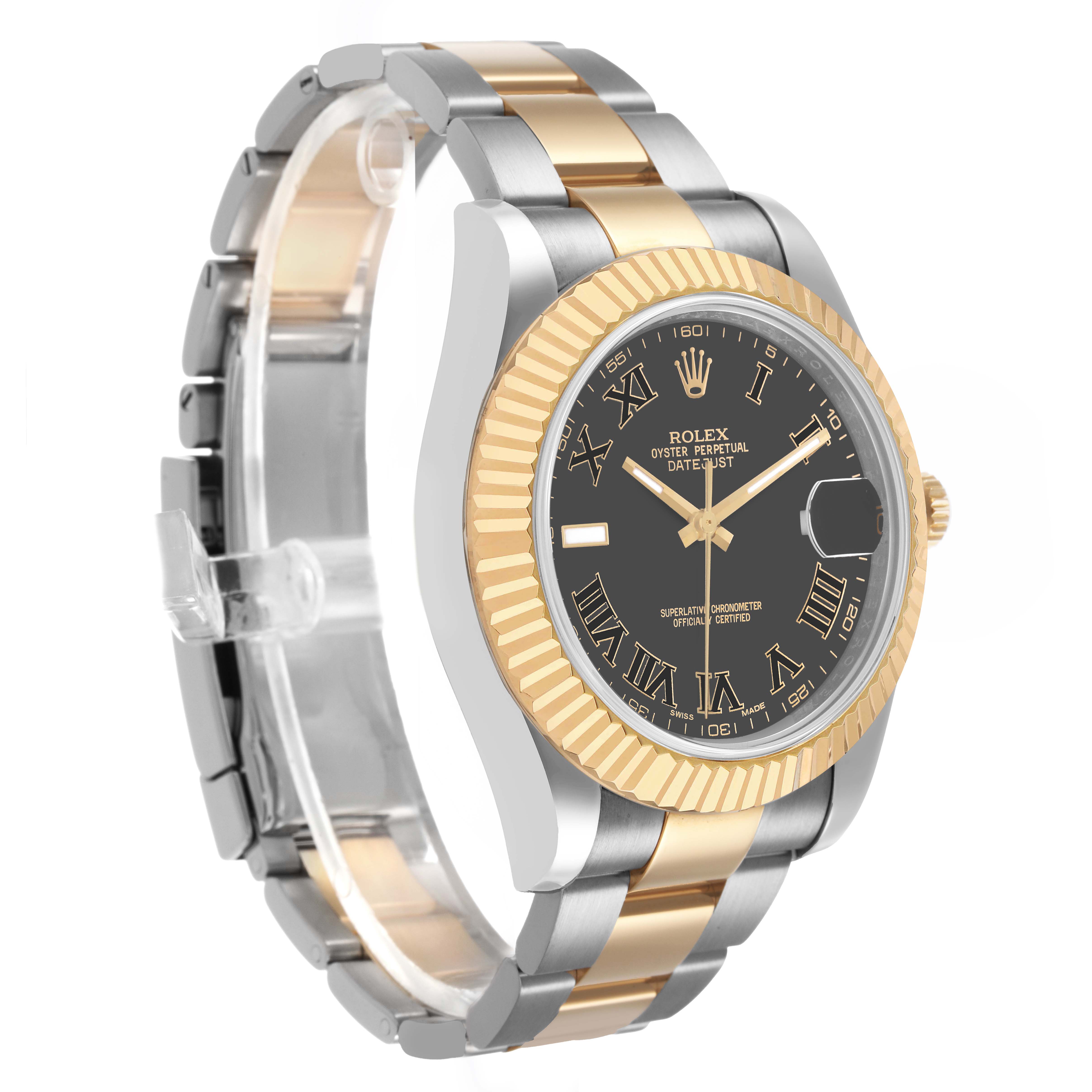 The Rolex Datejust 41 116333 Men's Steel and Gold (two tone) Black Dial is shown from a front-left angle, highlighting the gold and silver bracelet, fluted bezel, and black dial.