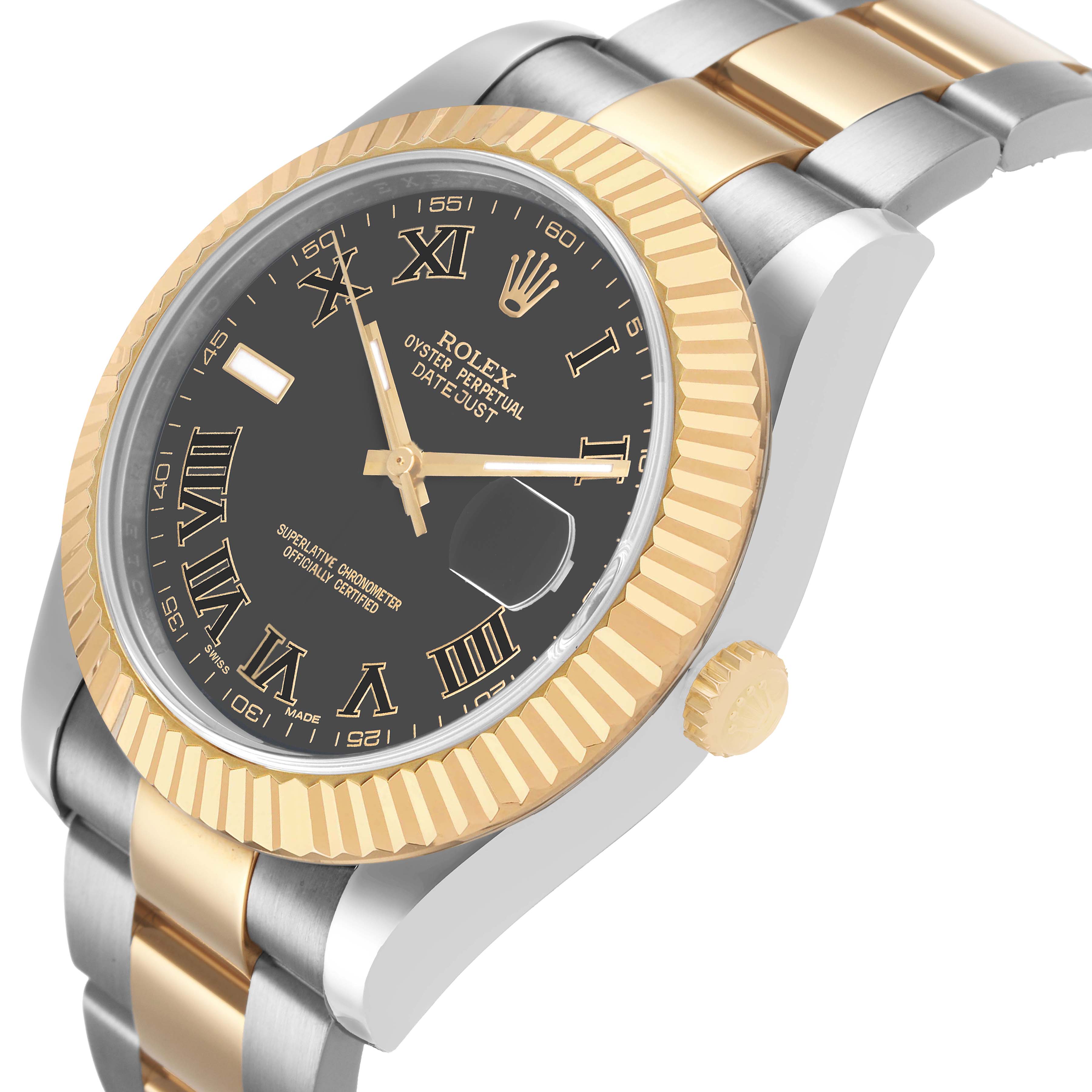 The Rolex Datejust 41 116333 Men's Steel and Gold (two tone) Black Dial is shown at an angle featuring its gold bezel, black dial, fluted accents, and two-tone bracelet.
