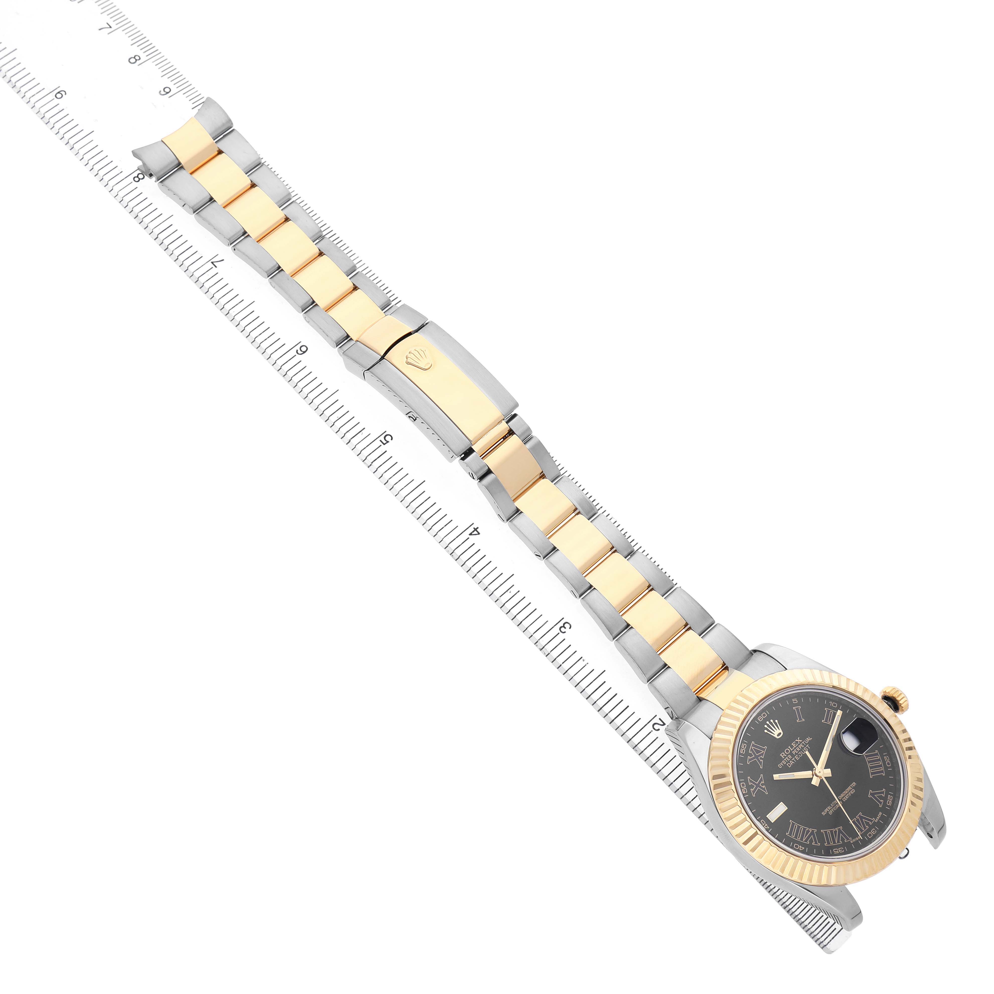 The Rolex Datejust 41 116333 Men's Steel and Gold (two tone) Black Dial watch is shown at an angle highlighting its black dial, gold bezel, and two-tone bracelet with clasp.