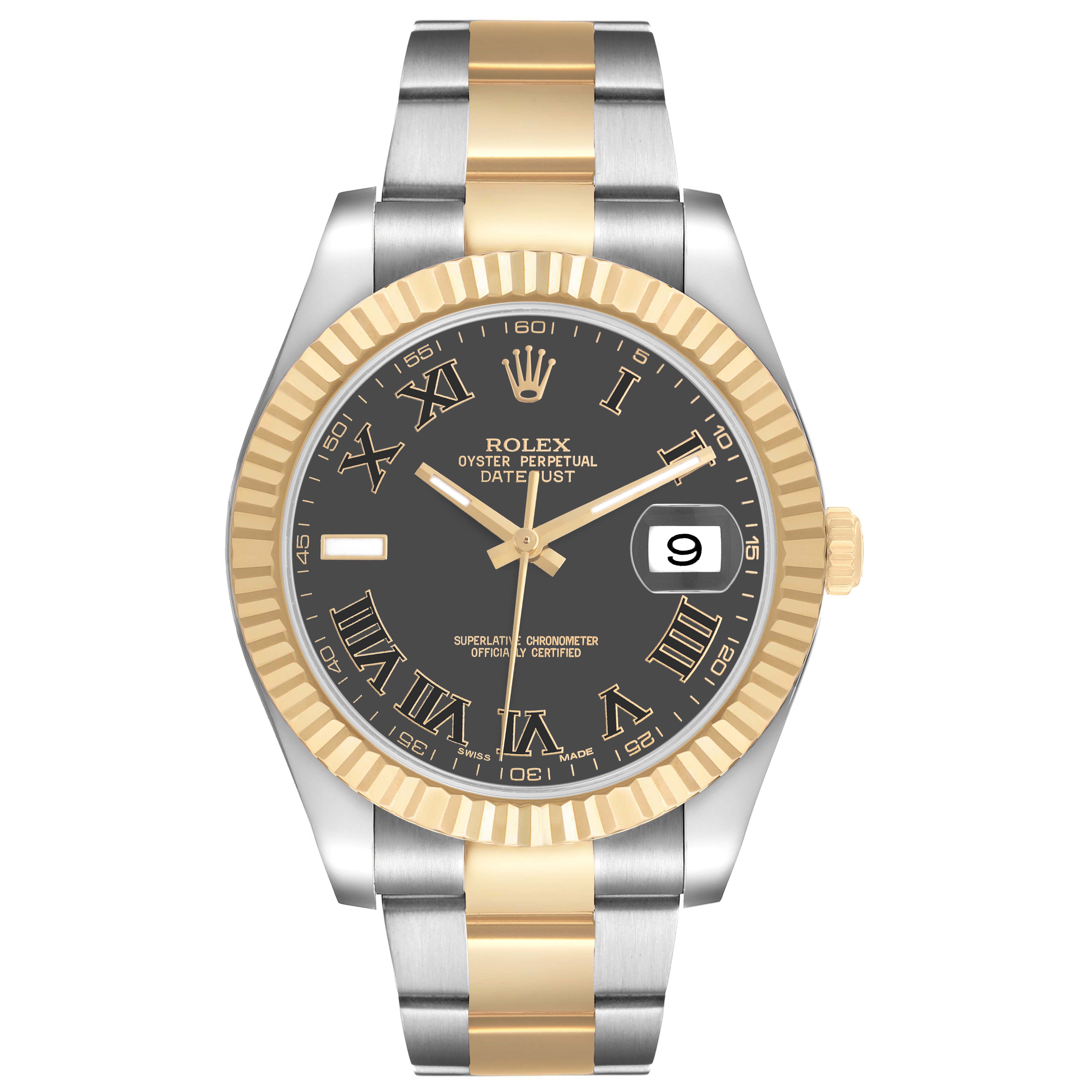 The Rolex Datejust 41 116333 Men's Steel and Gold (two tone) Black Dial is shown from a frontal angle with a gold and silver bracelet and features such as Roman numerals and a date window.
