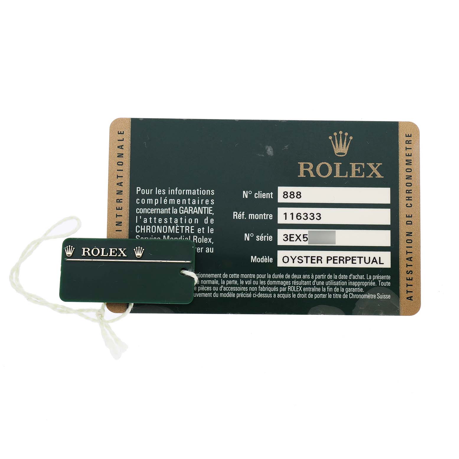 The image shows the warranty card and tag for the Rolex Datejust 41 116333 Men's Steel and Gold (two tone) Black Dial, focusing on brand identification.