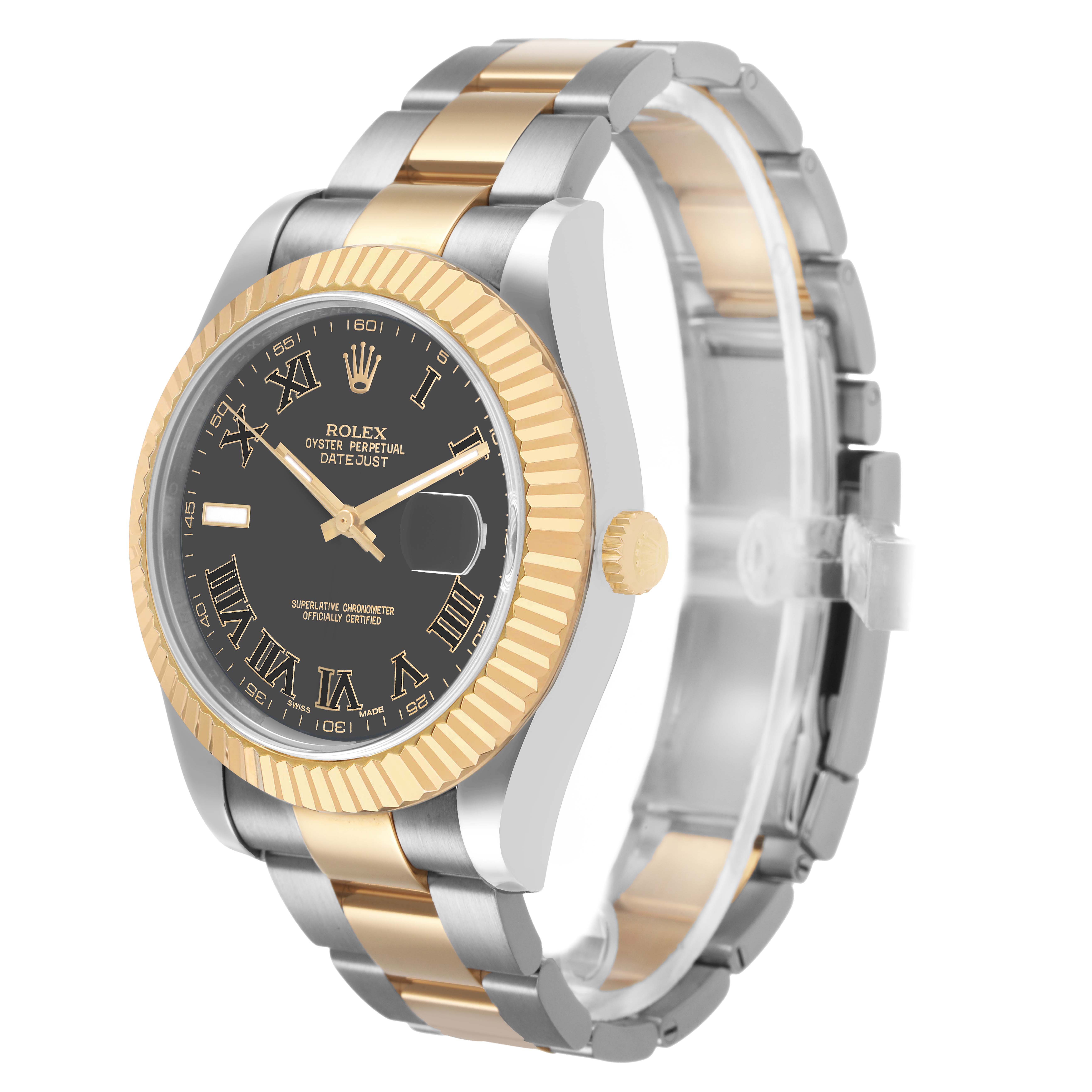 The Rolex Datejust 41 116333 Men's Steel and Gold (two tone) Black Dial watch is shown at an angle highlighting the face, bezel, crown, and a portion of the two-tone bracelet.