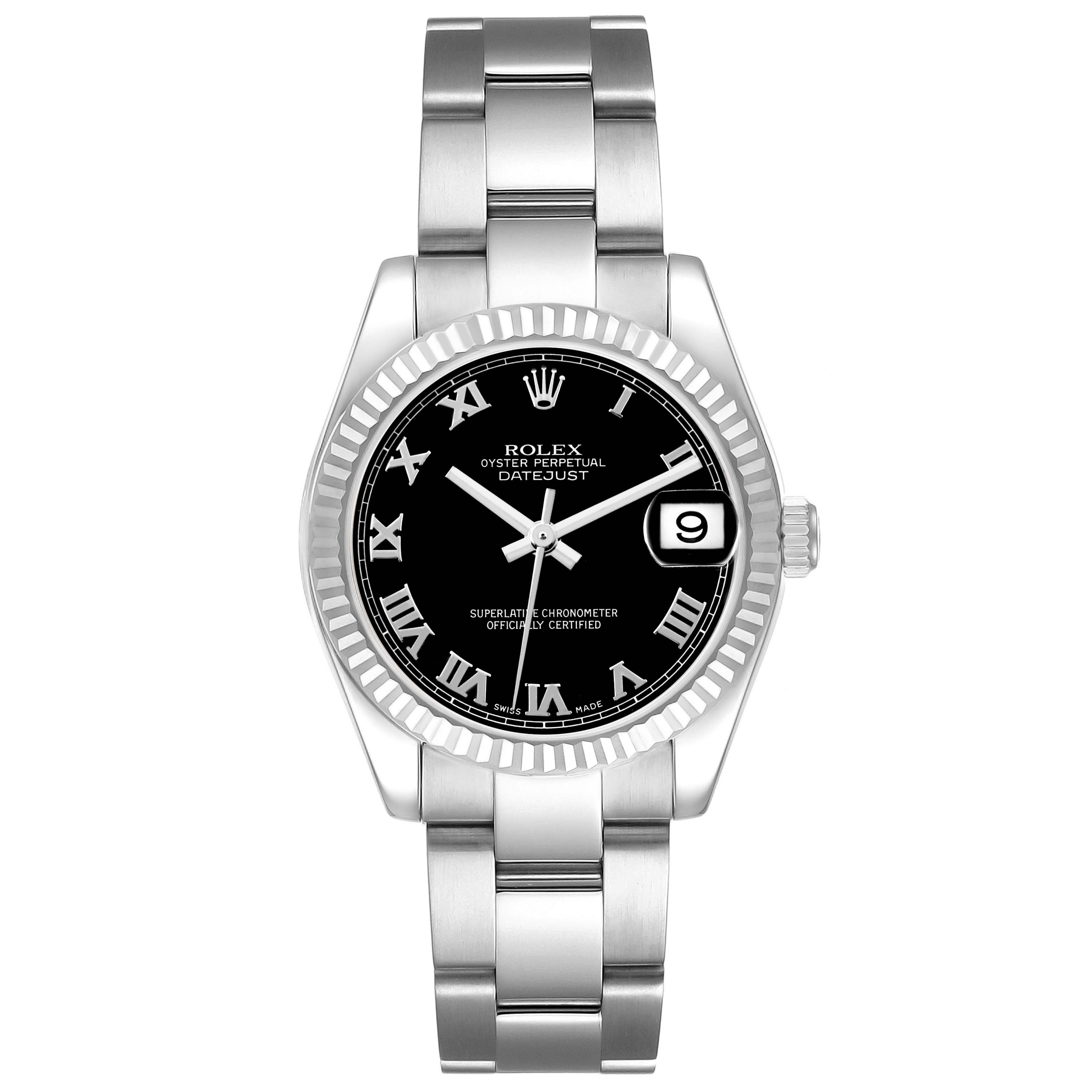 The image shows a frontal view of the Rolex Datejust Mid-Size model, displaying the watch face, bezel, and bracelet.