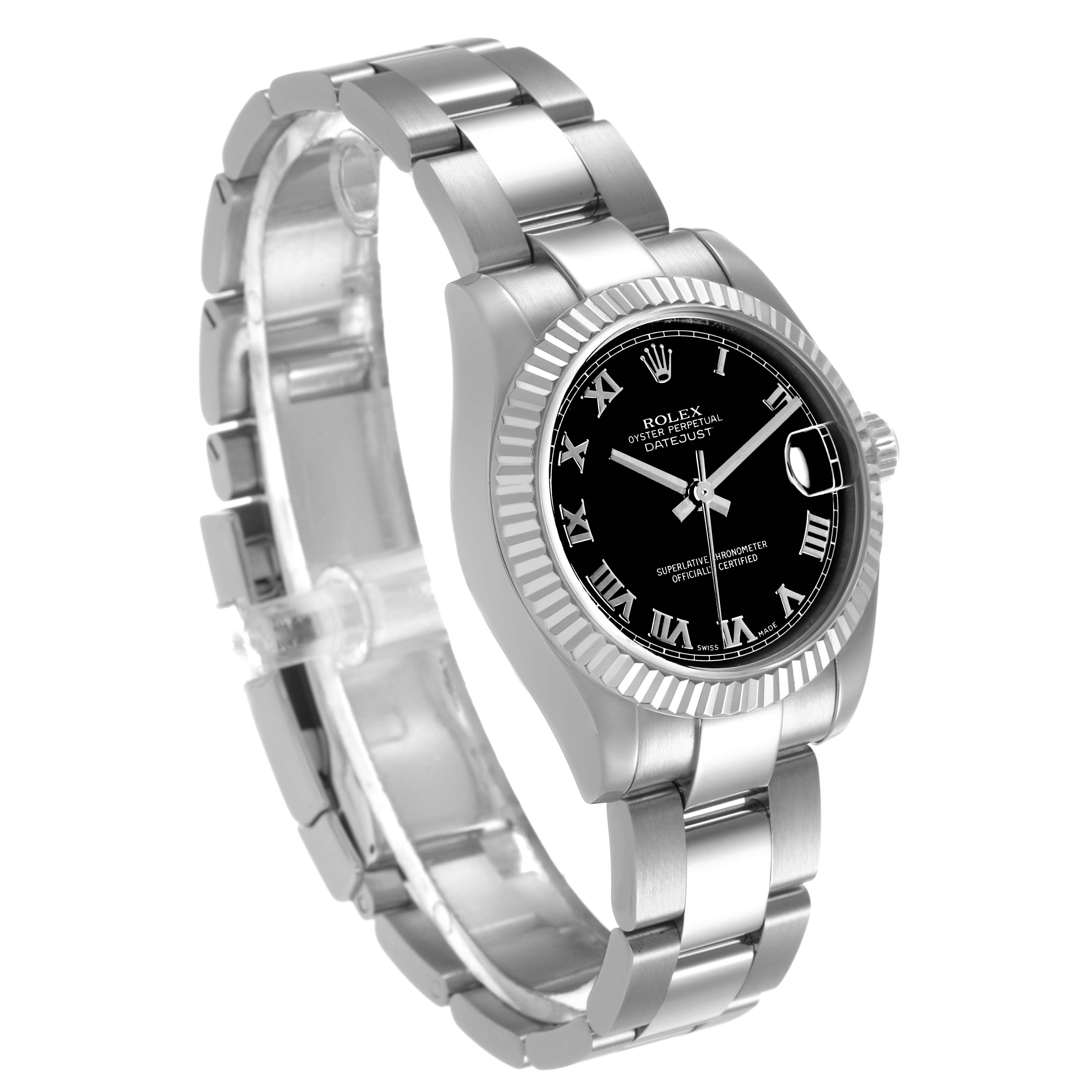 The Rolex Datejust Mid-Size watch is shown at a slight angle, highlighting the dial, bezel, crown, and part of the bracelet.