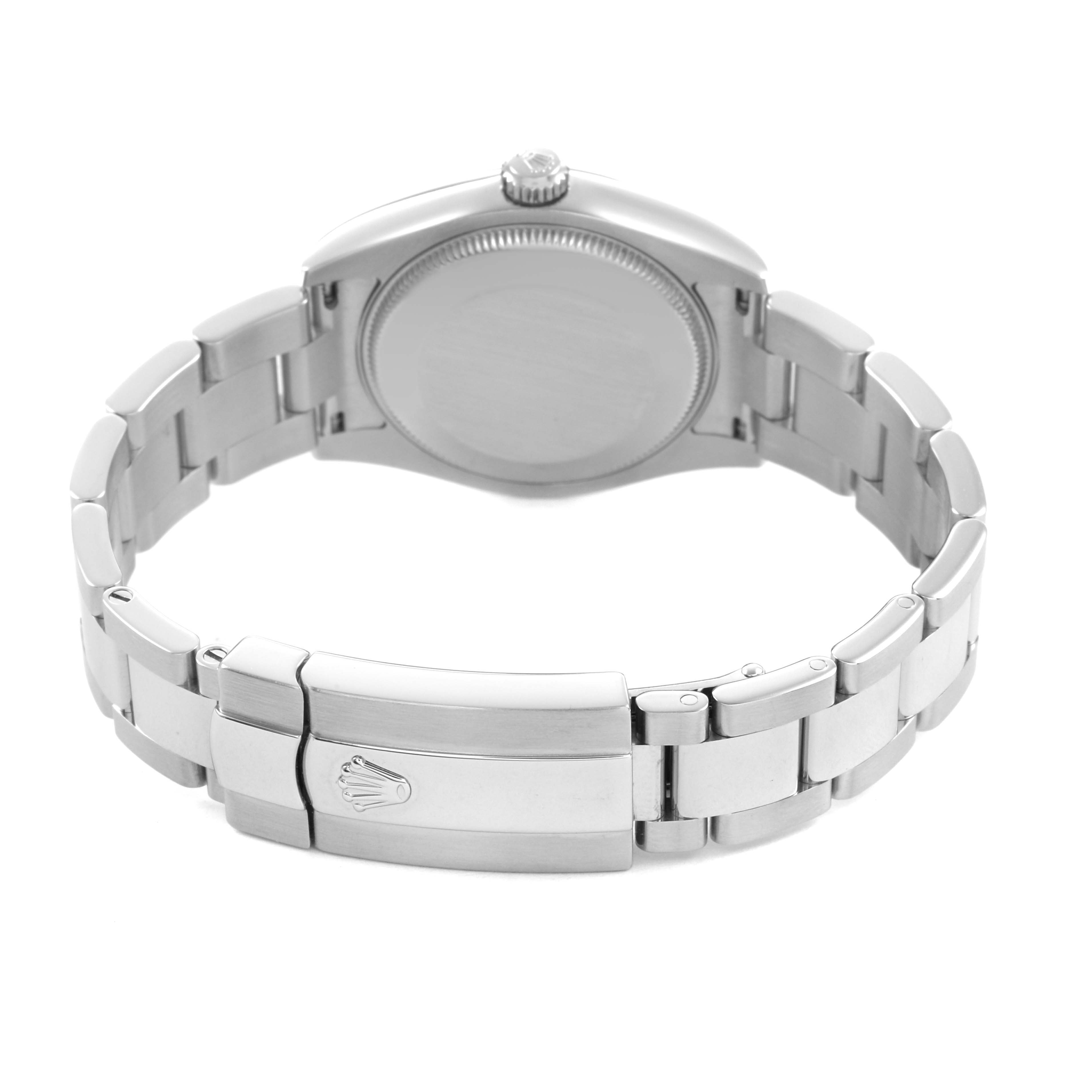 The image shows the back of the Rolex Mid-Size 178274 Women's Stainless Steel Black Dial watch, highlighting the case back, bracelet, and clasp with the logo.