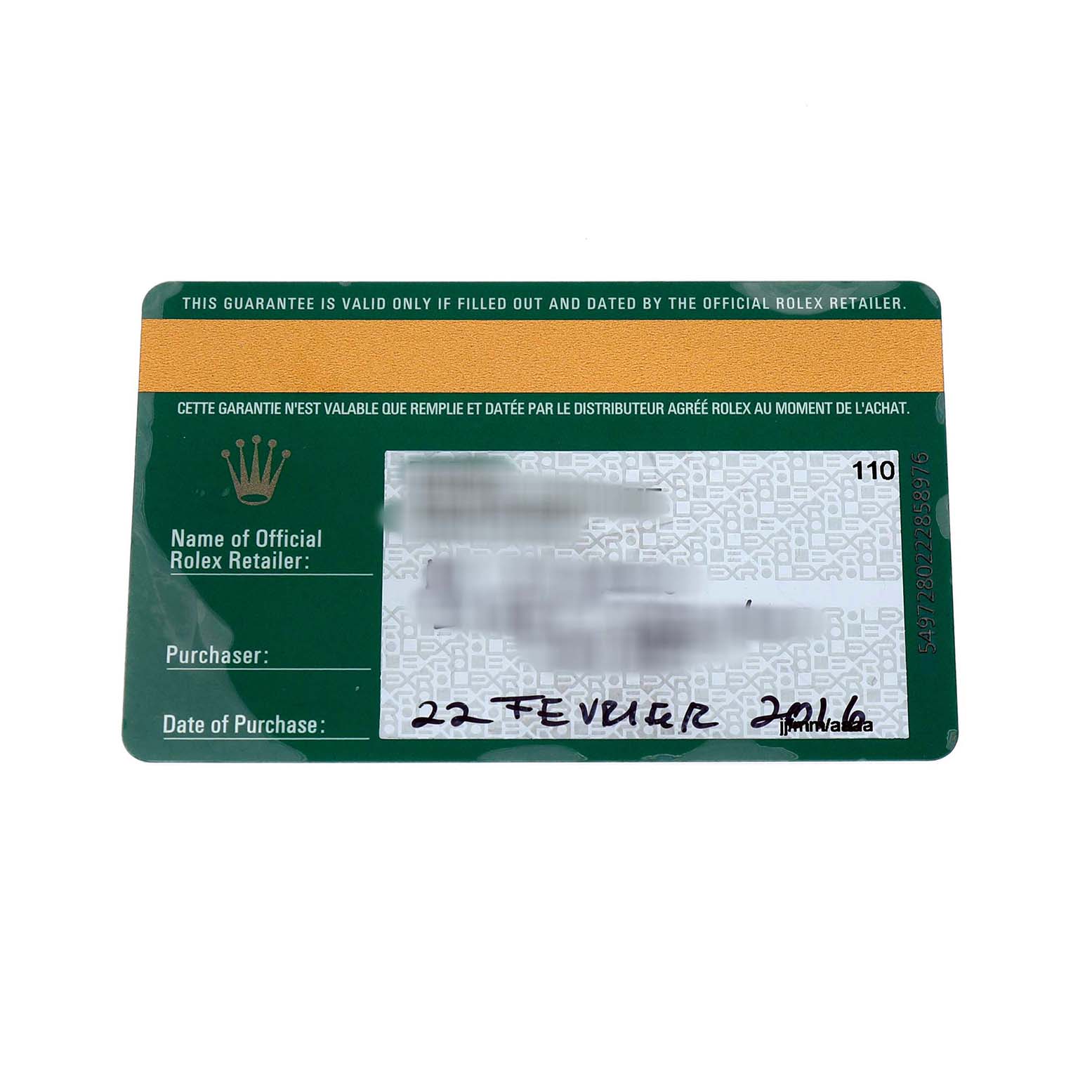 This image shows the warranty card for a Rolex Mid-Size 178274 Women's Stainless Steel Black Dial model watch from a top-down angle.