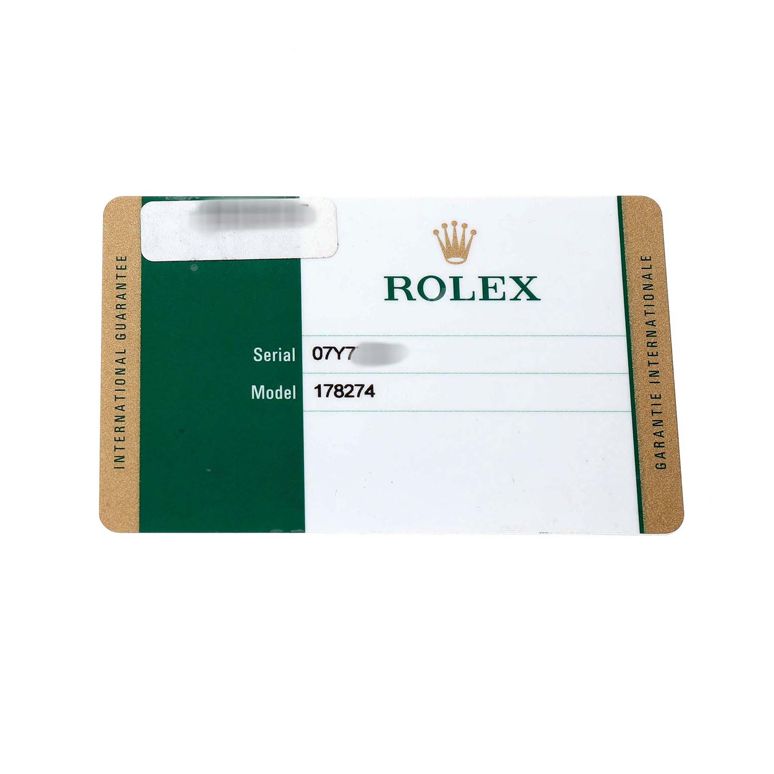 This image shows a Rolex international guarantee card for model 178274, displayed flat and directly from above.