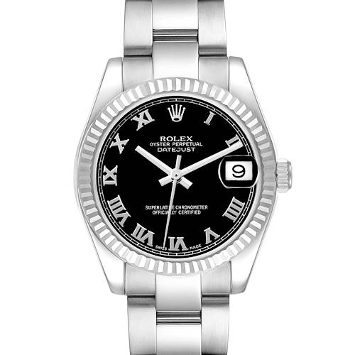 The Rolex Mid-Size 178274 Women's Stainless Steel Black Dial watch is shown from a frontal angle, displaying its black dial, date window, and jubilee bracelet.