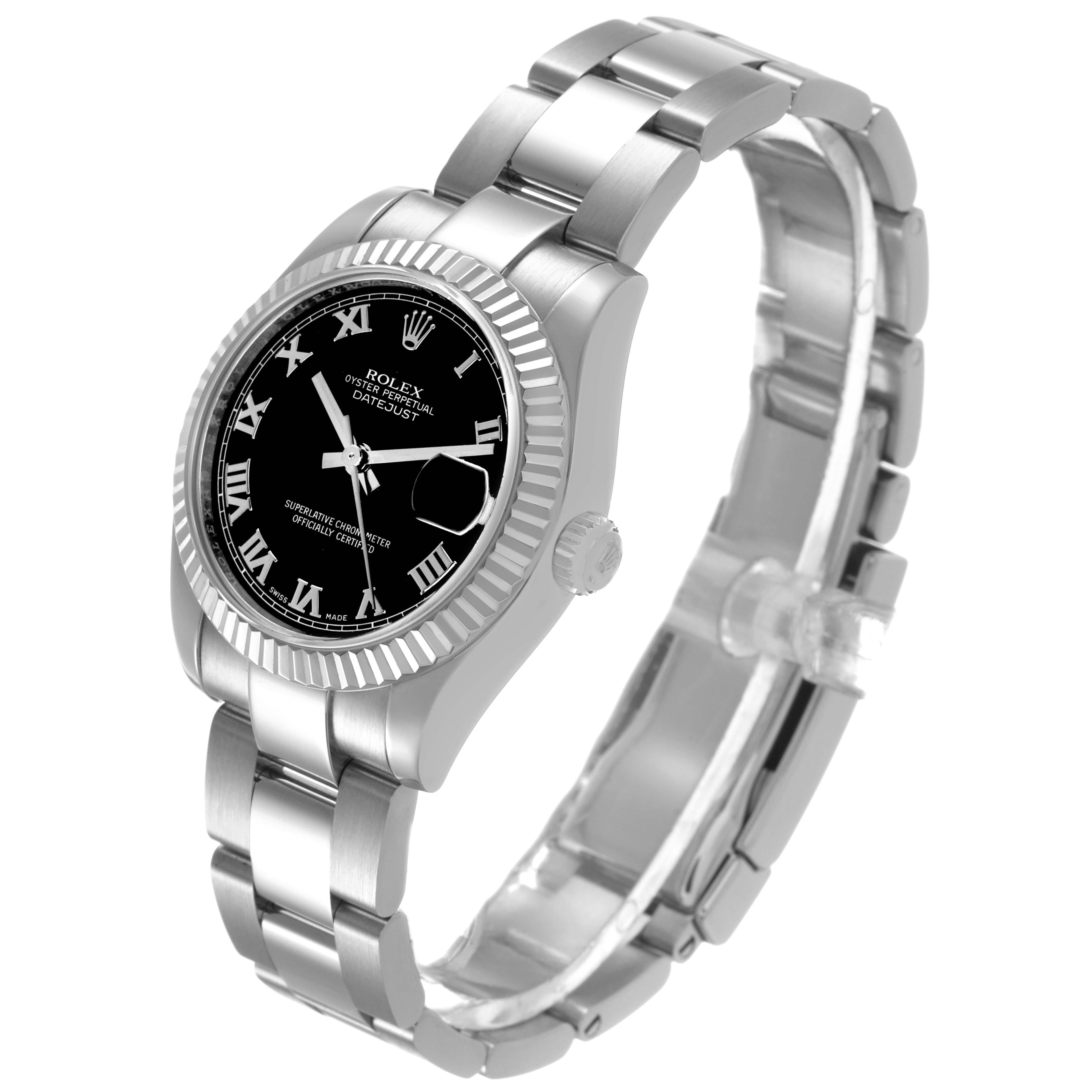 The Rolex Mid-Size 178274 Women's Stainless Steel Black Dial model is shown at a slight side angle, highlighting its bracelet and case details, with its face and bezel also visible.