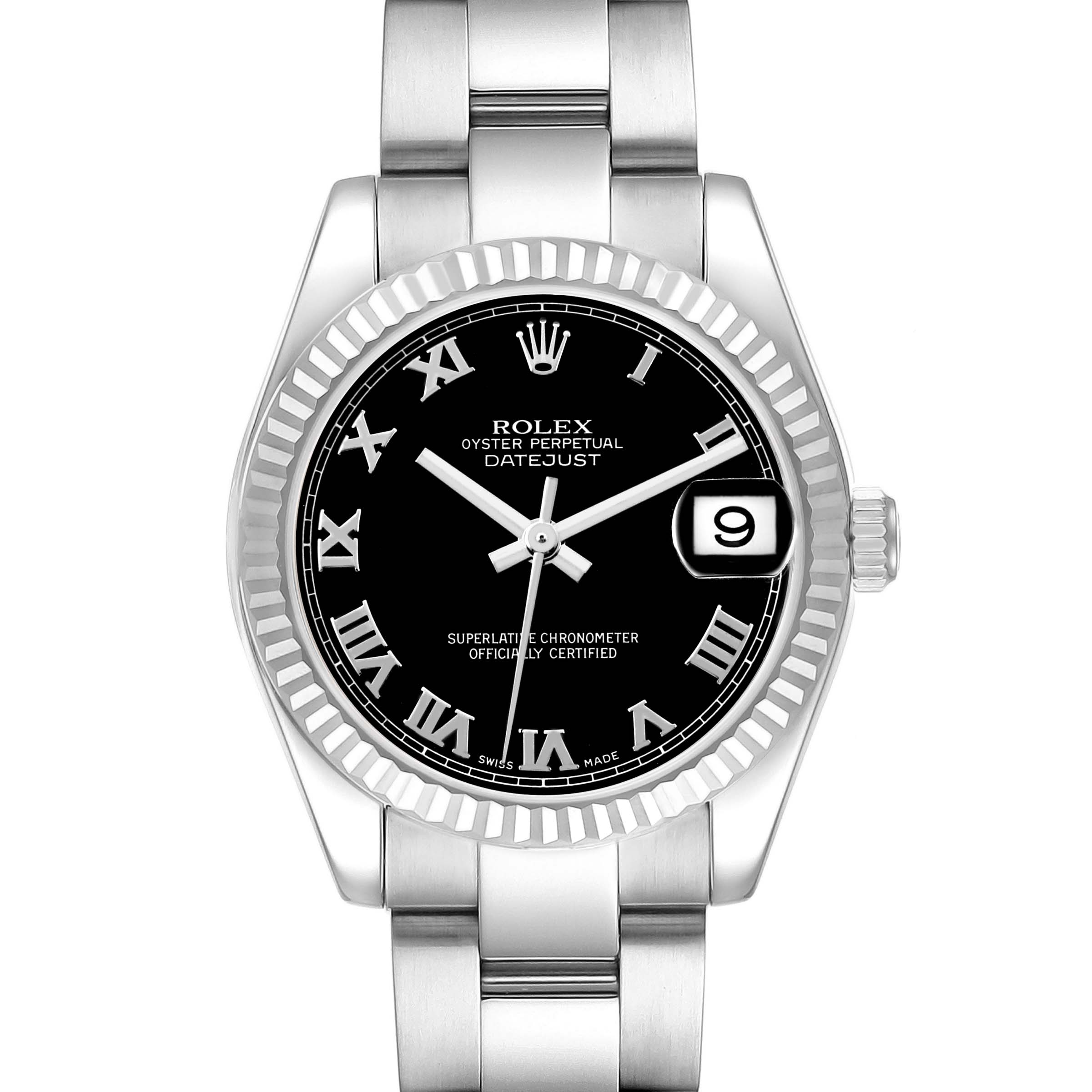 The Rolex Datejust Mid-Size watch is shown front-on, displaying the dial, bracelet, and fluted bezel.