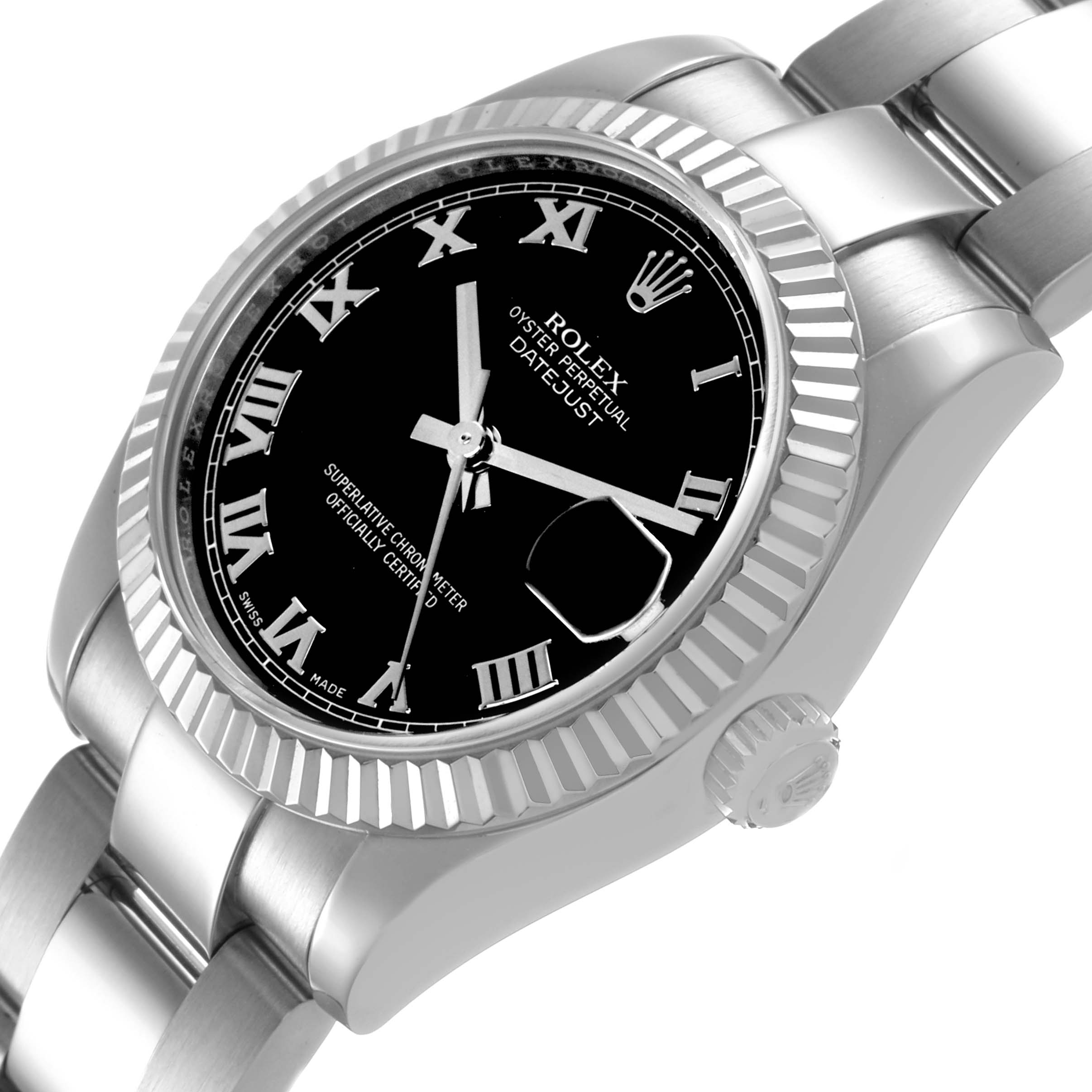 The Rolex Mid-Size 178274 Women's Stainless Steel Black Dial watch is shown at an angled view, highlighting the bezel, crown, bracelet, and black dial with Roman numerals.