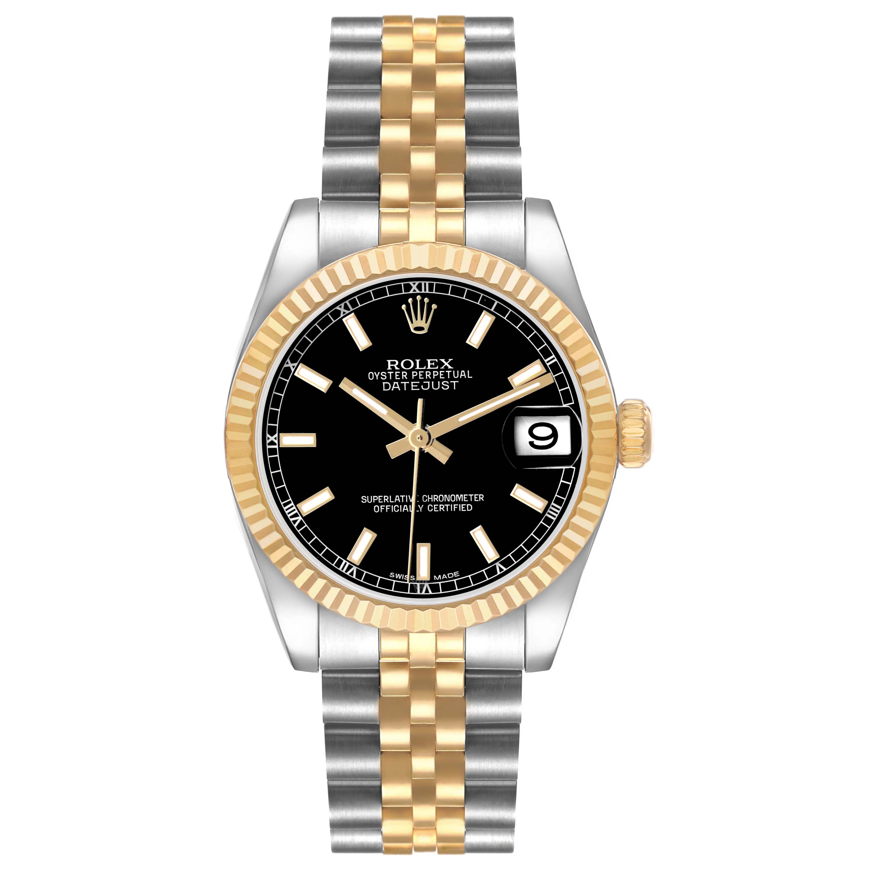 The Rolex Datejust Mid-Size watch is shown from a top-down angle, displaying its bezel, dial, bracelet, and date window.