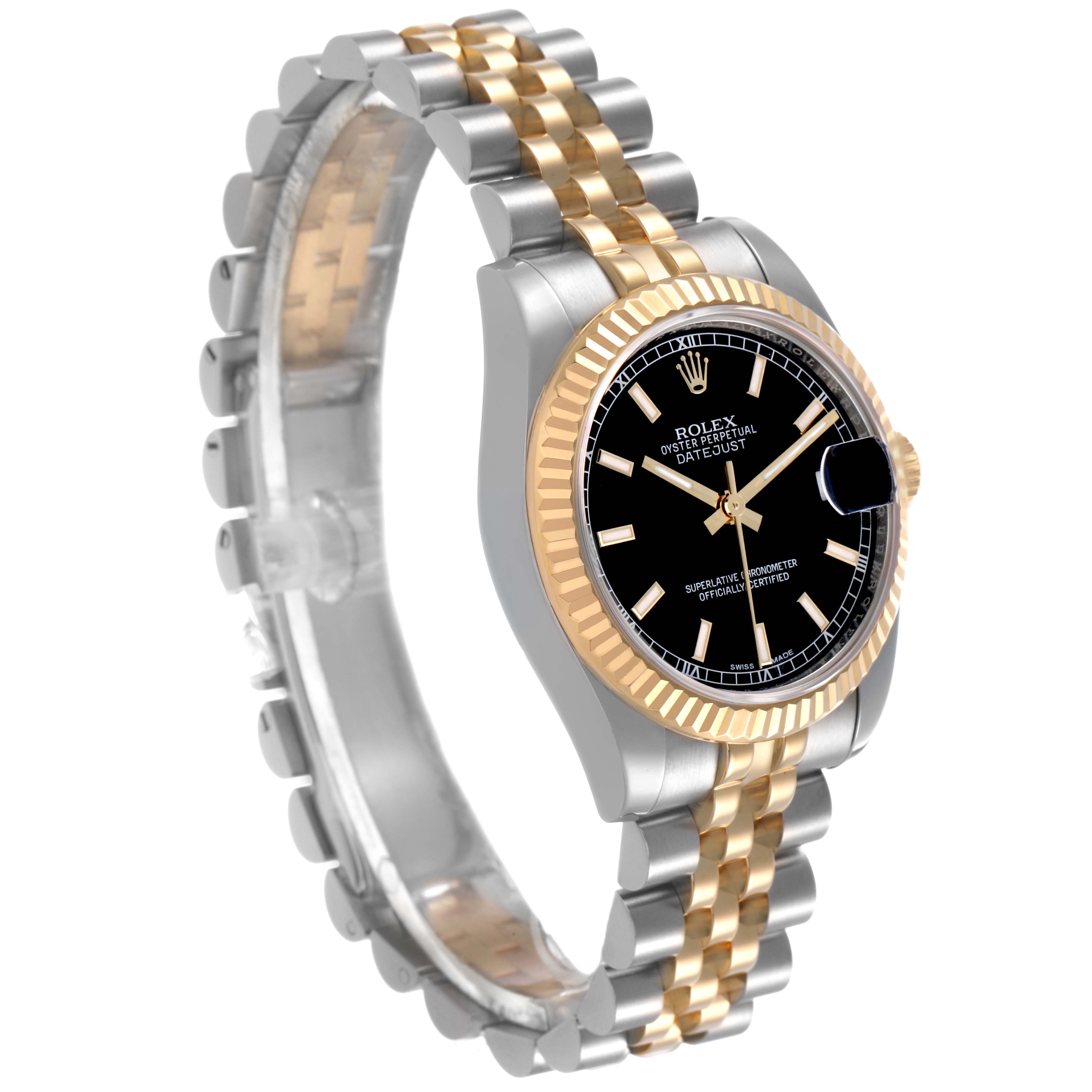 The Rolex Mid-Size 178273 Women's Steel and Gold (two tone) Black Dial watch is shown at a three-quarter angle, highlighting the two-tone bracelet, fluted bezel, and black dial.
