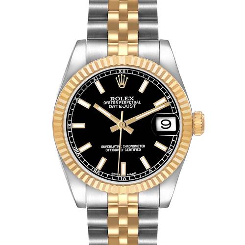 The Rolex Mid-Size 178273 Women's Steel and Gold (two tone) Black Dial Datejust is shown from a top-down angle, highlighting the black dial, fluted bezel, and two-tone bracelet.