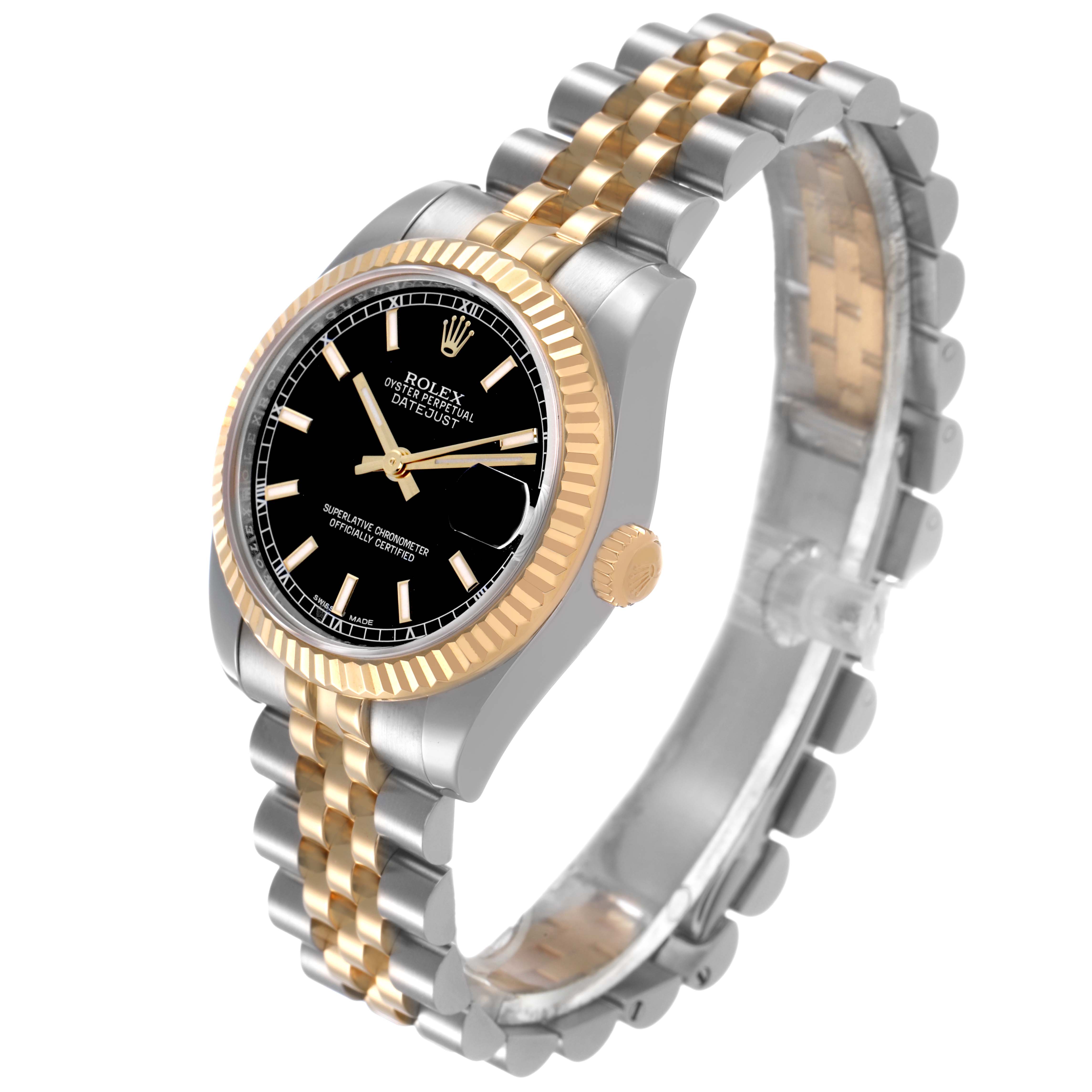 The Rolex Mid-Size 178273 Women's Steel and Gold (two tone) Black Dial watch is shown at an angled side view, highlighting the face, bezel, crown, and two-tone bracelet.
