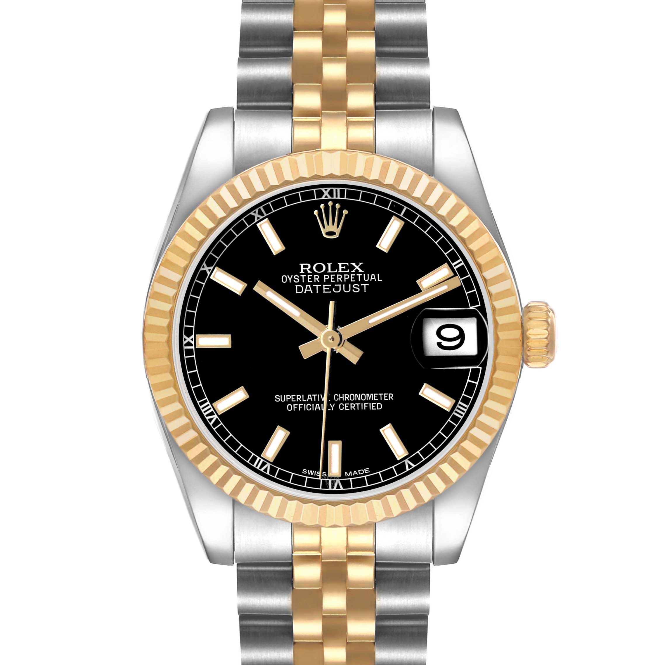 The Rolex Datejust Mid-Size watch is shown from a top view, featuring a black dial, gold-silver bezel, and two-tone bracelet.