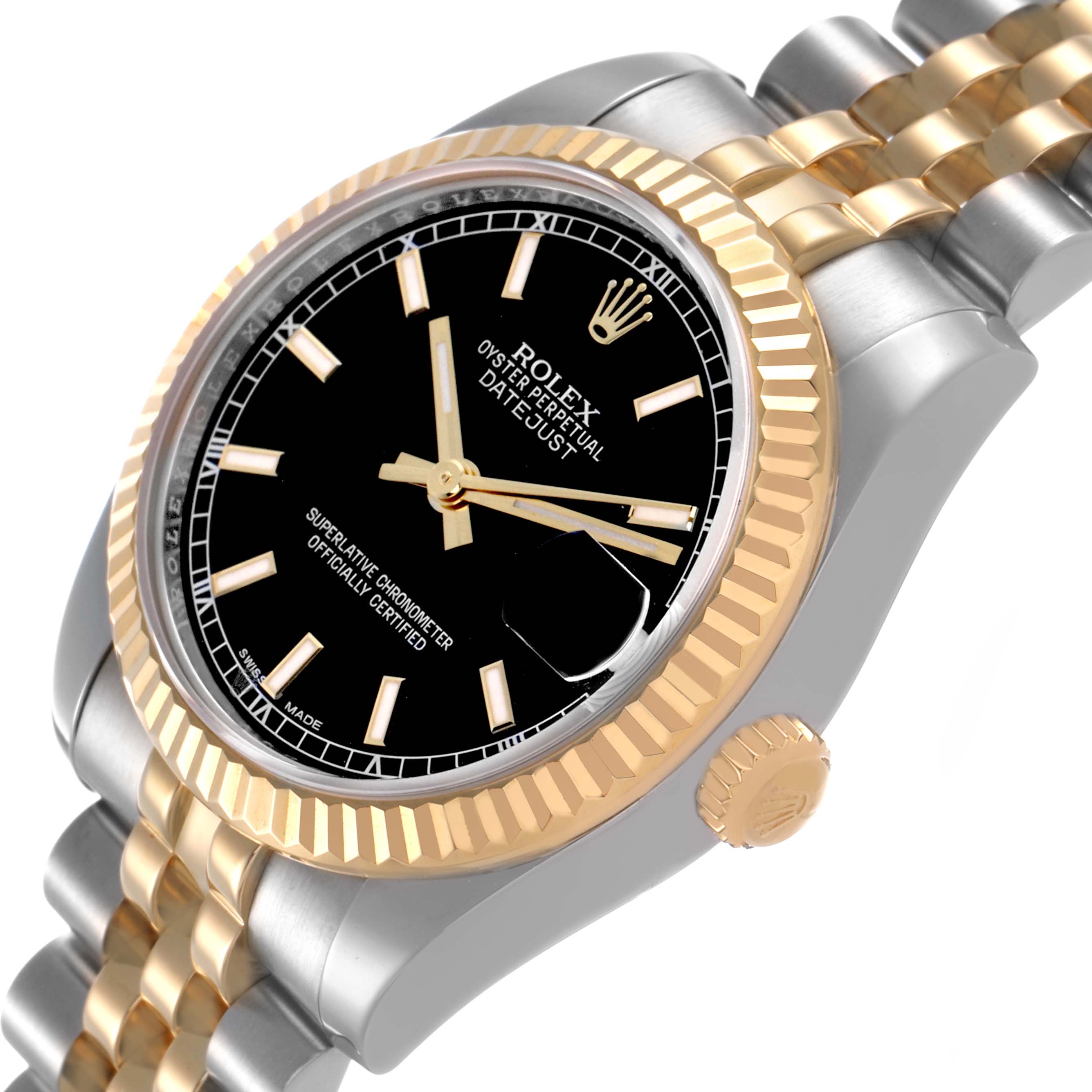 The Rolex Mid-Size 178273 Women's Steel and Gold (two tone) Black Dial watch is shown at a three-quarter angle, highlighting the face, bezel, and portion of the bracelet.