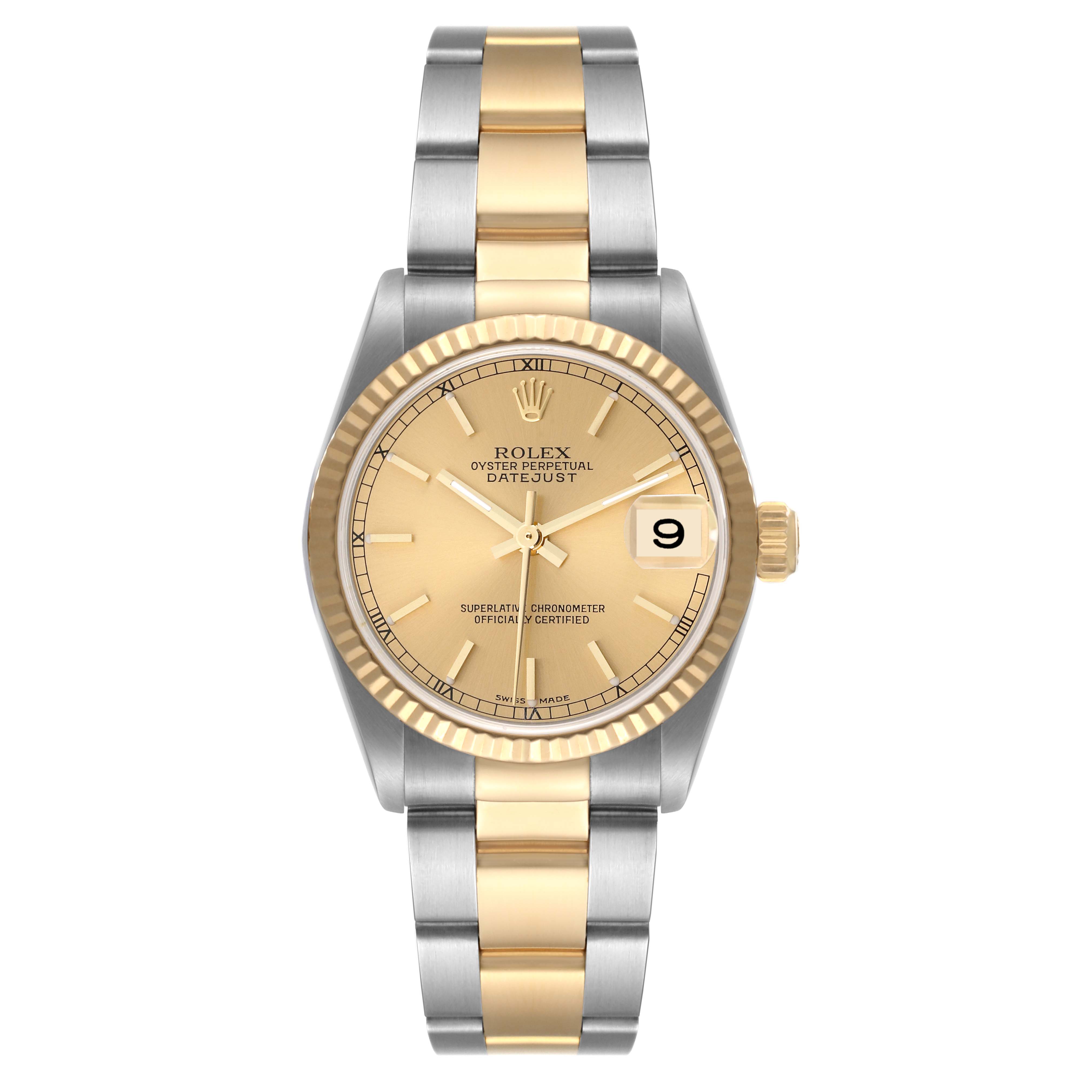 This Rolex Oyster Perpetual Datejust Mid-Size watch is shown from the front, displaying its face, dial, and bi-metal bracelet.