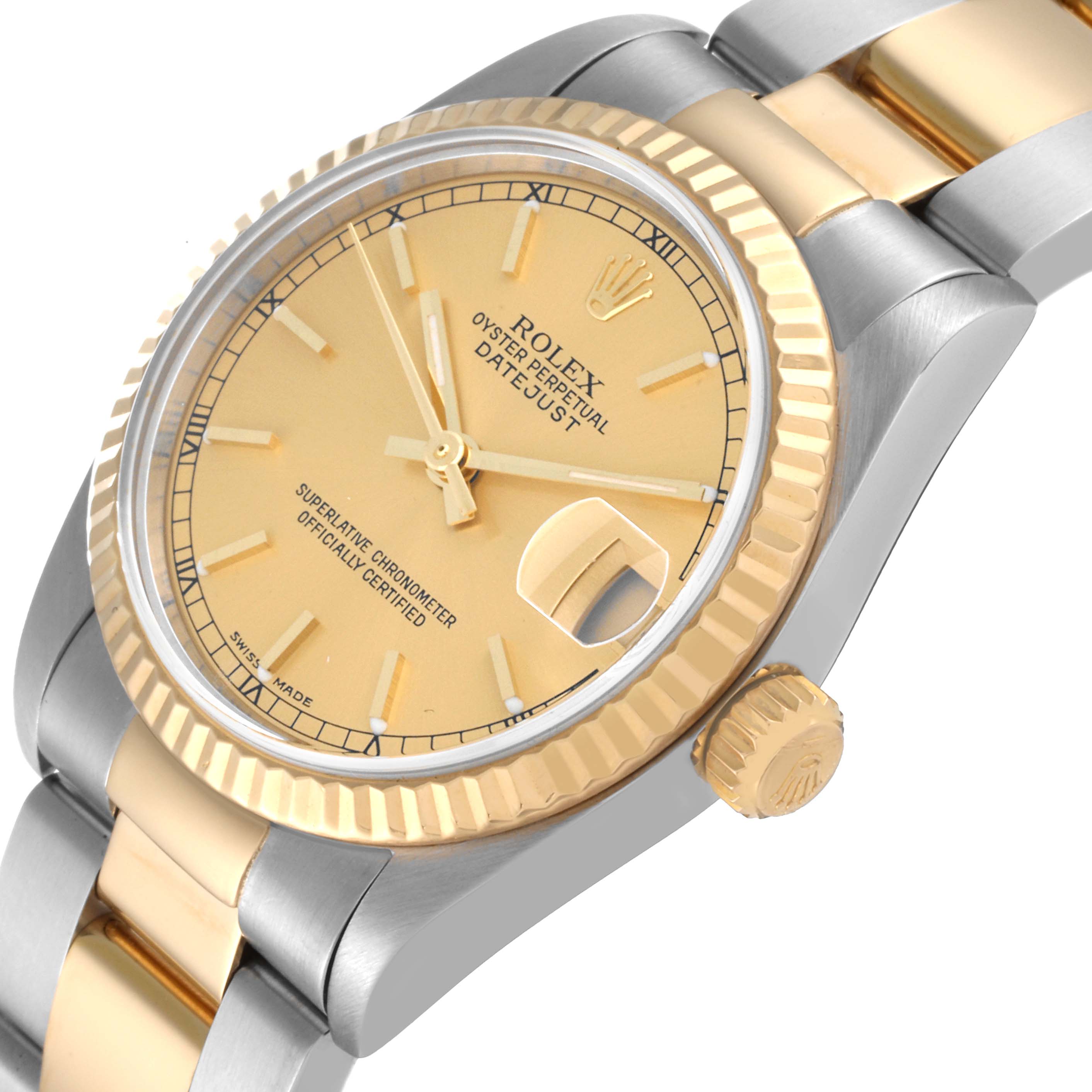 The image shows the dial, bezel, and a portion of the bracelet of a Mid-Size Rolex Datejust watch at an angled close-up view.