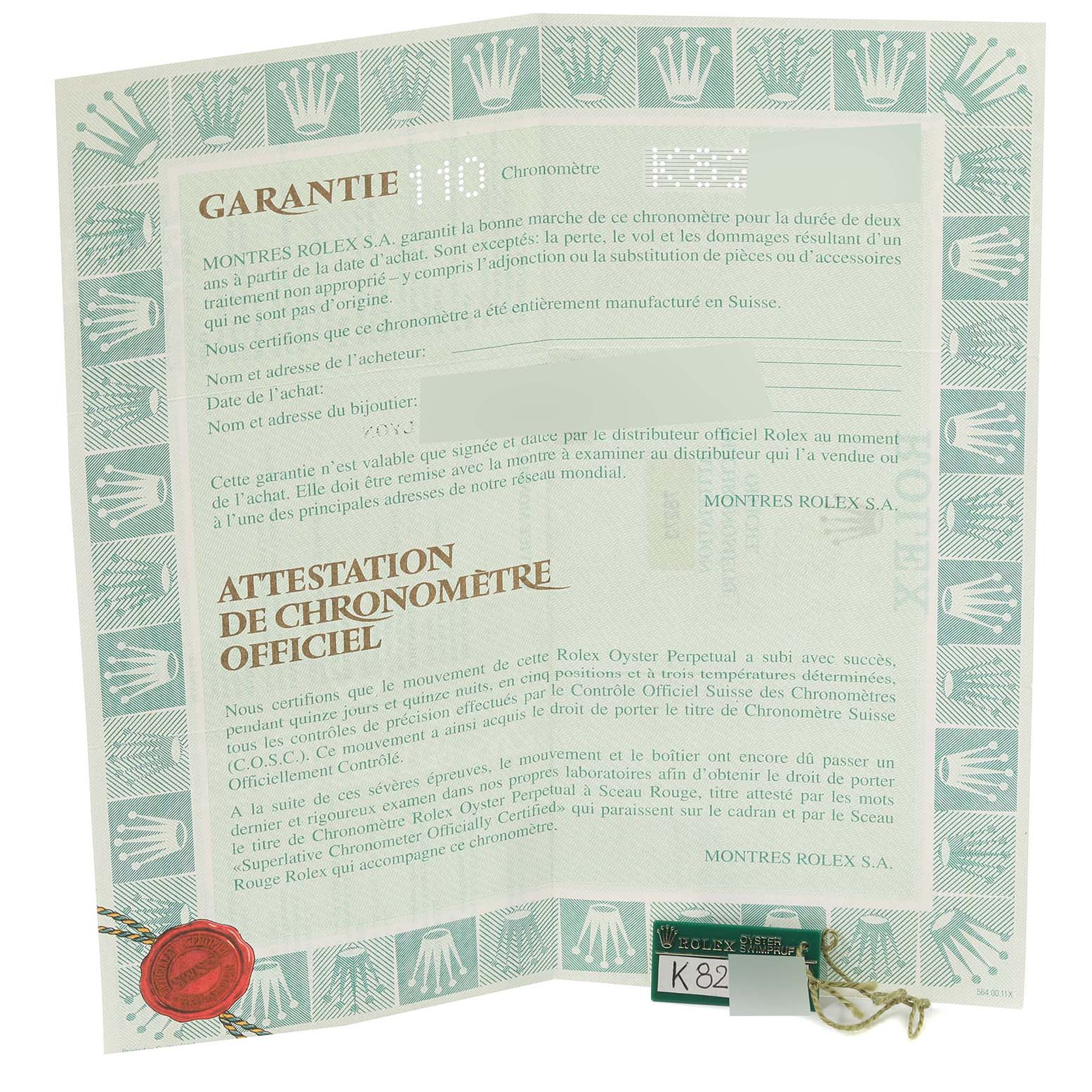 This image shows the official guarantee and chronometer certification documents for a Rolex Mid-Size 78273 Women
s Steel and Gold (two tone) Champagne Dial 78273 Women
s Steel and Gold (two tone) Champagne Dial model.