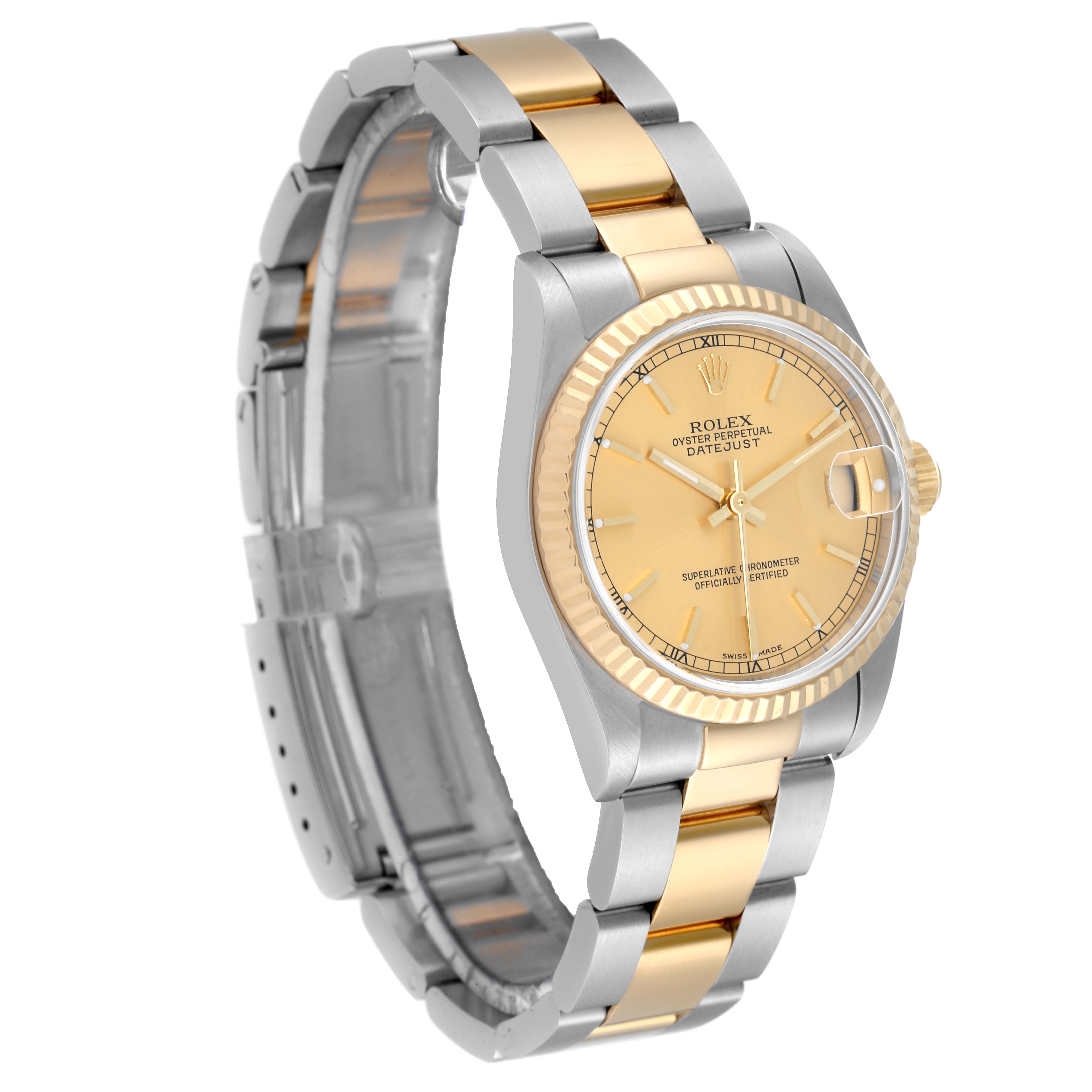 The image shows a side and front view of the Rolex Mid-Size 78273 Women
s Steel and Gold (two tone) Champagne Dial 78273 Women
s Steel and Gold (two tone) Champagne Dial Datejust, highlighting the bezel, face, and two-tone bracelet.