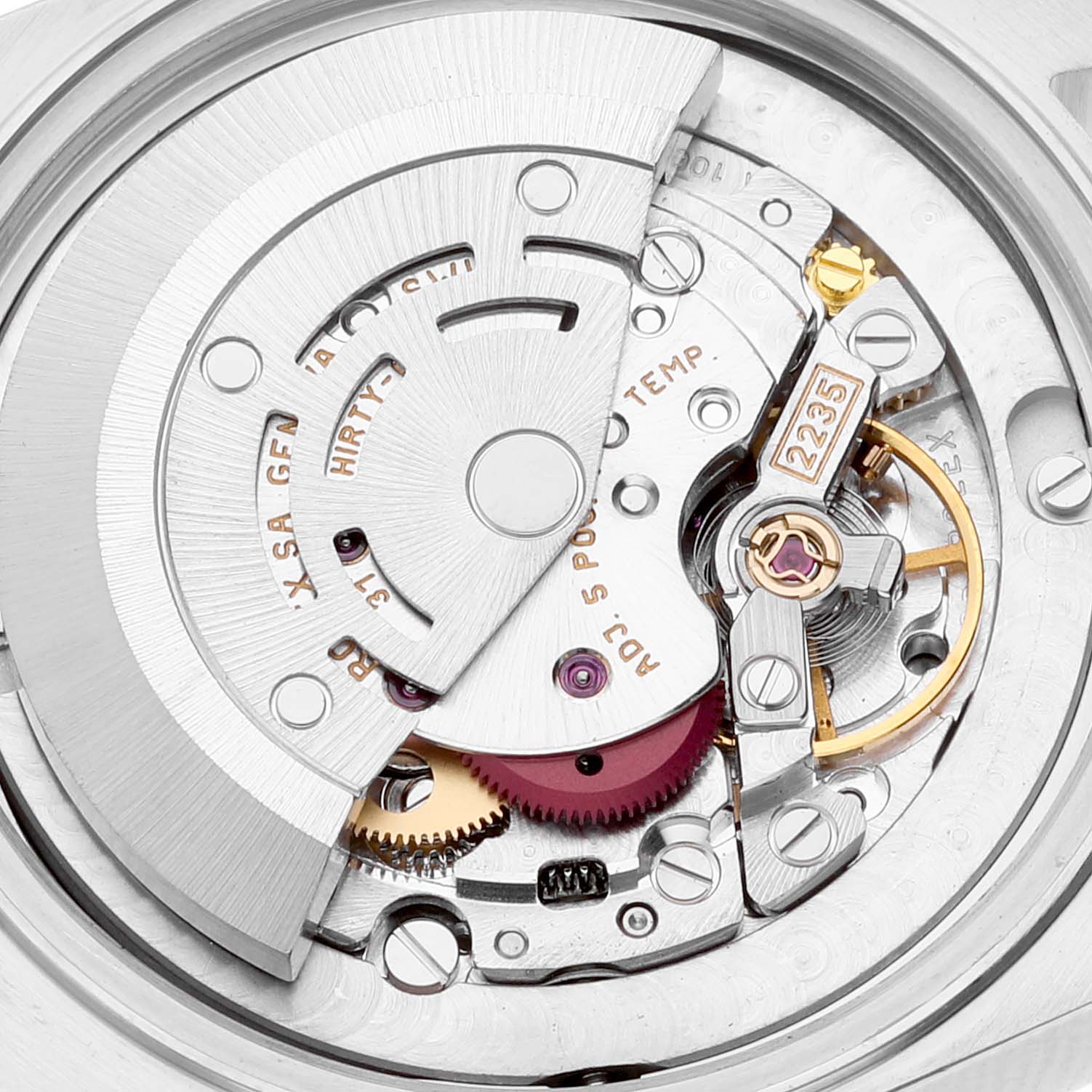 This image shows a close-up view of the internal mechanical movement of a Rolex Mid-Size 78273 Women
s Steel and Gold (two tone) Champagne Dial 78273 Women
s Steel and Gold (two tone) Champagne Dial watch.